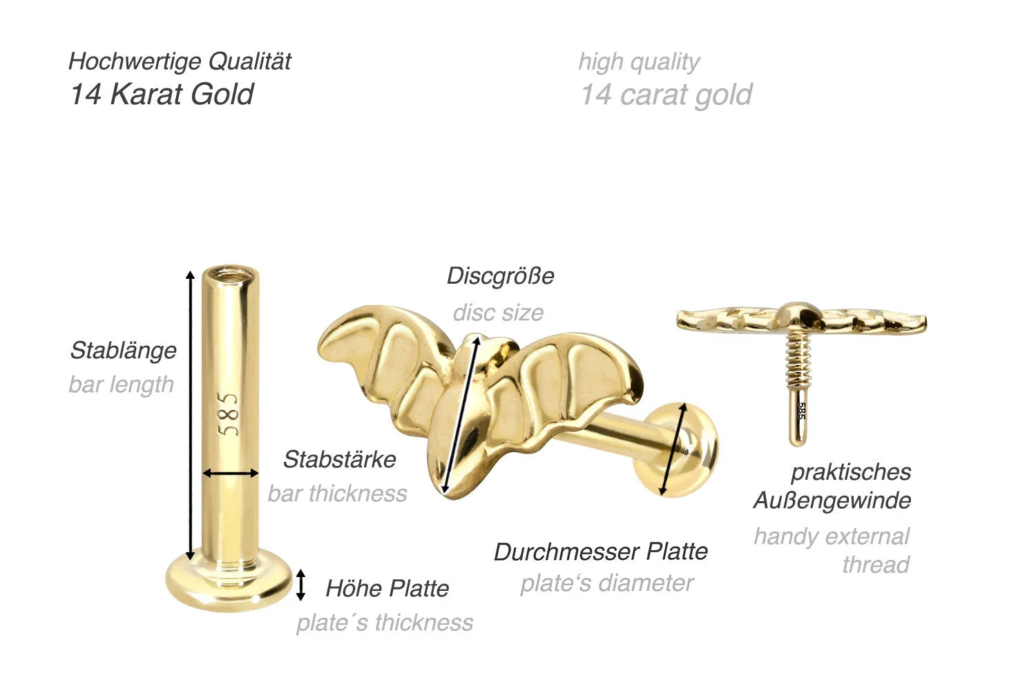 14K Gold Flat Back Earring - Luxurious Dainty Bat