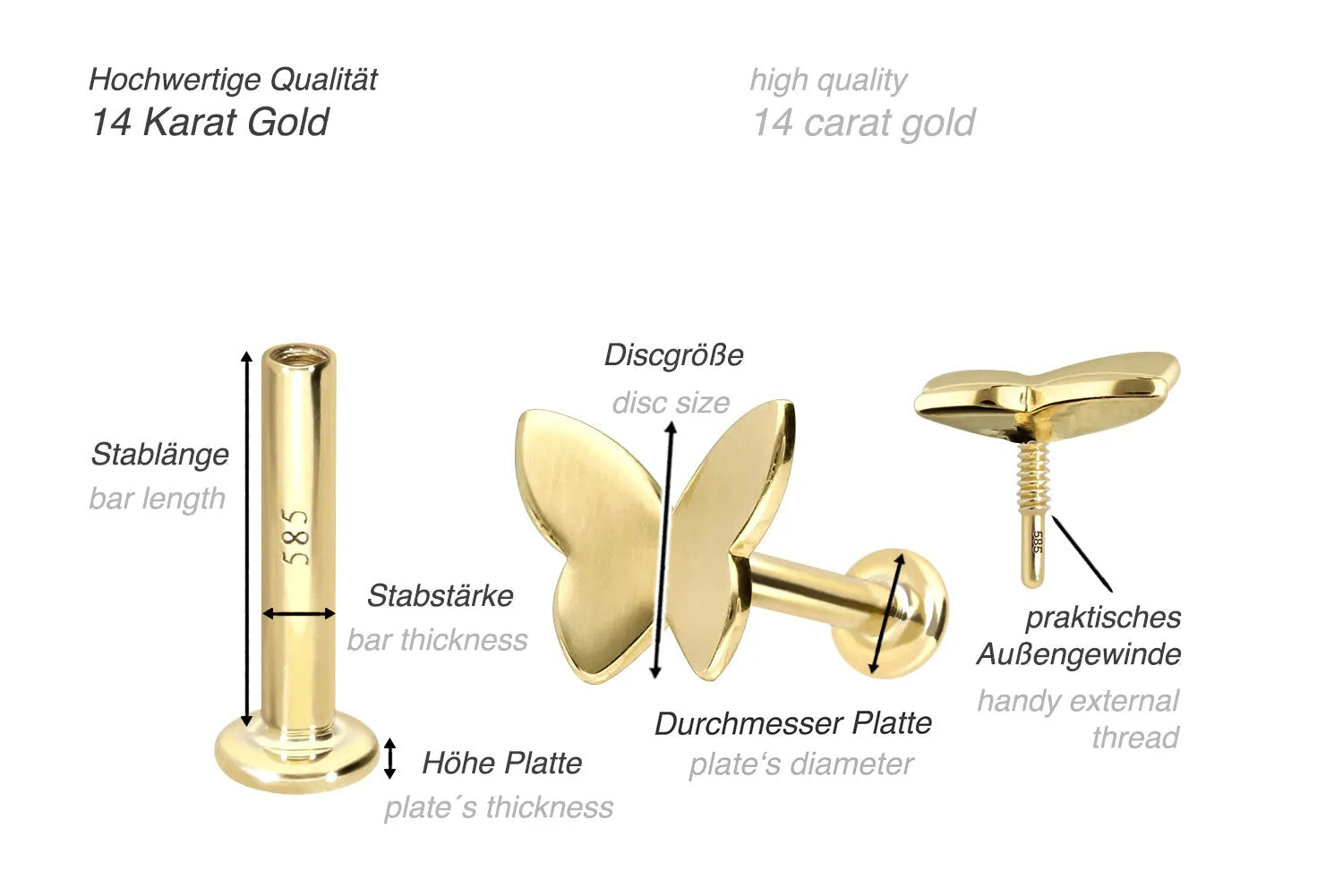 14K Gold Flat Back Earring - Dainty Shiny Butterfly