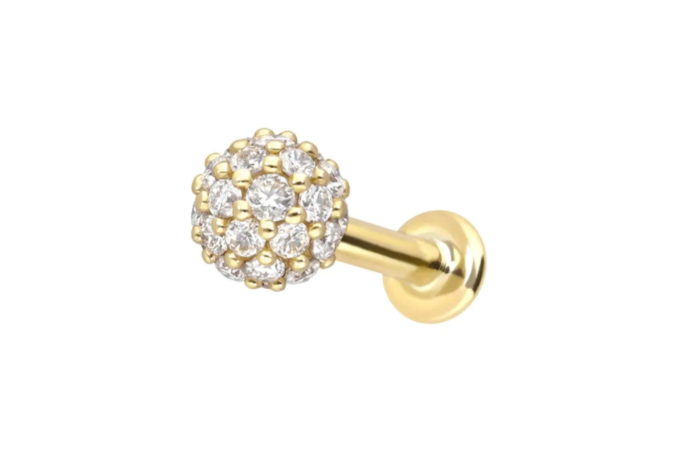 14k gold flat back stud with a multi sparkle moissanite crystal ball