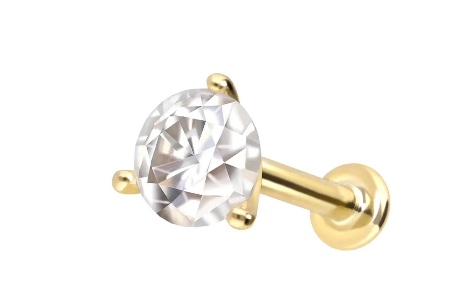 14k gold flat back stud with a moissanite diamond