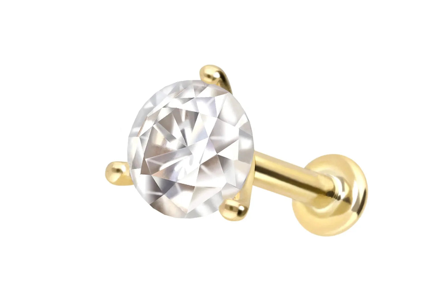 14k gold flat back stud with a moissanite diamond