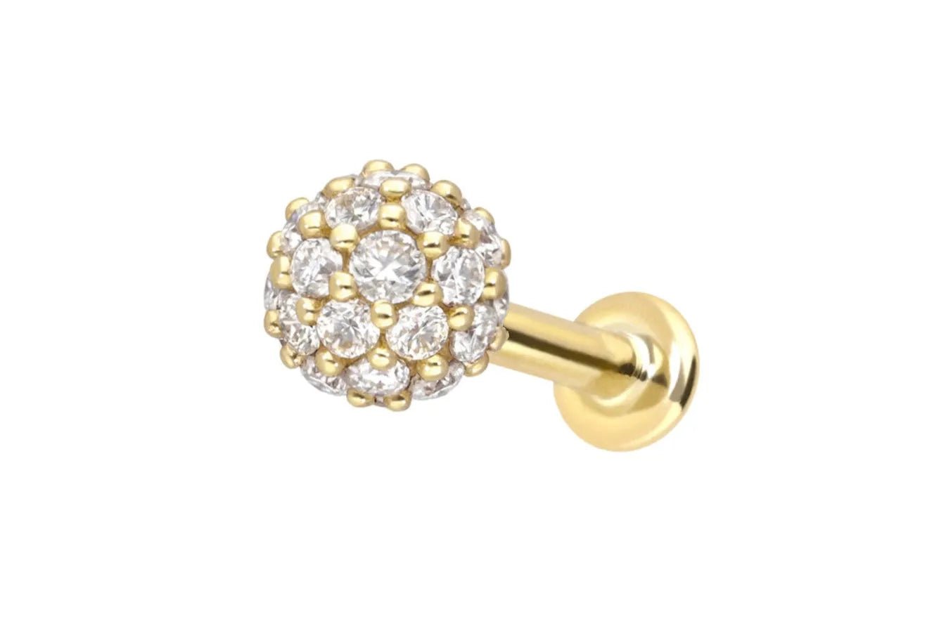 14k gold flat back stud with a multi sparkle moissanite crystal ball