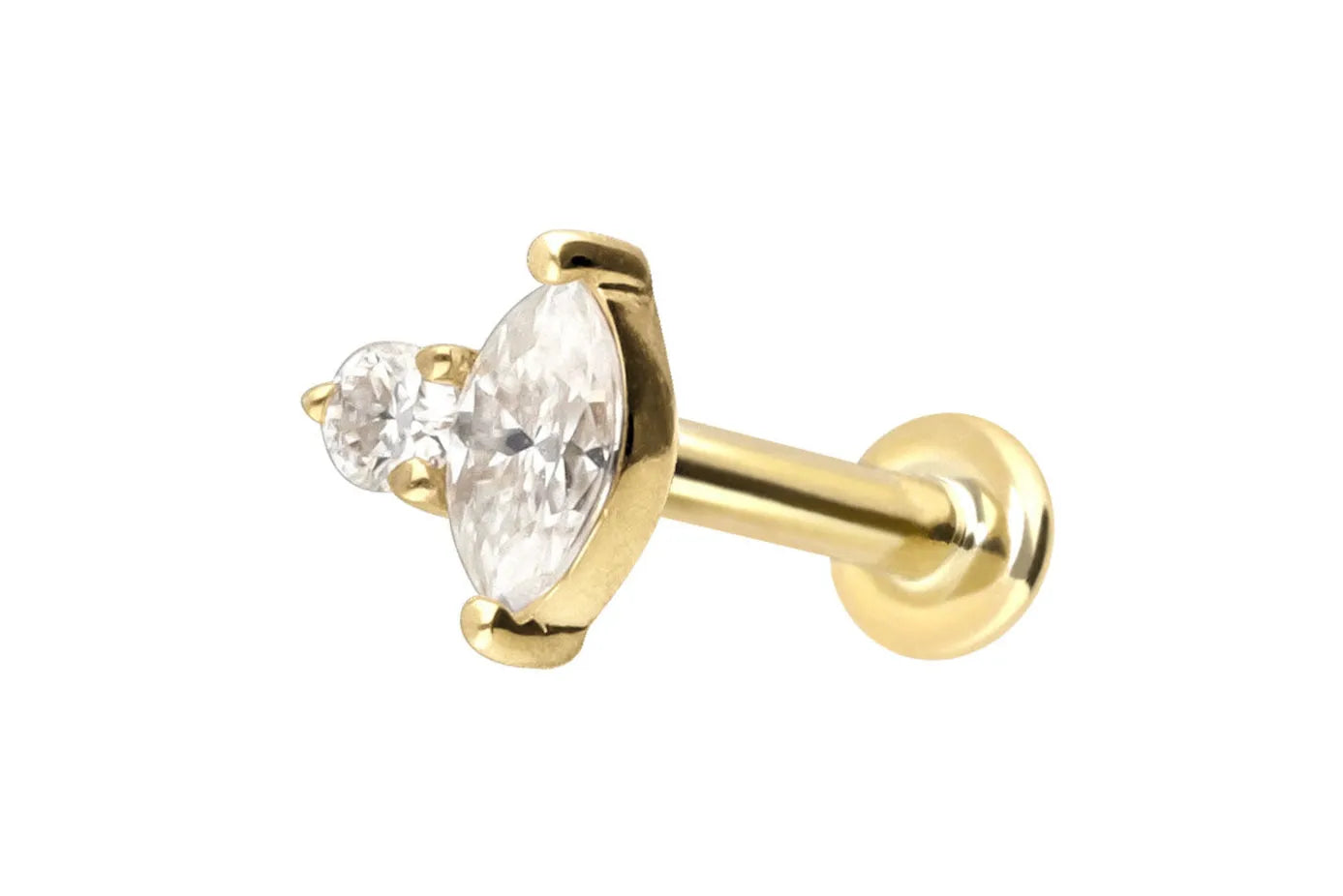 14k gold flat back earring with a dainty moissanite design