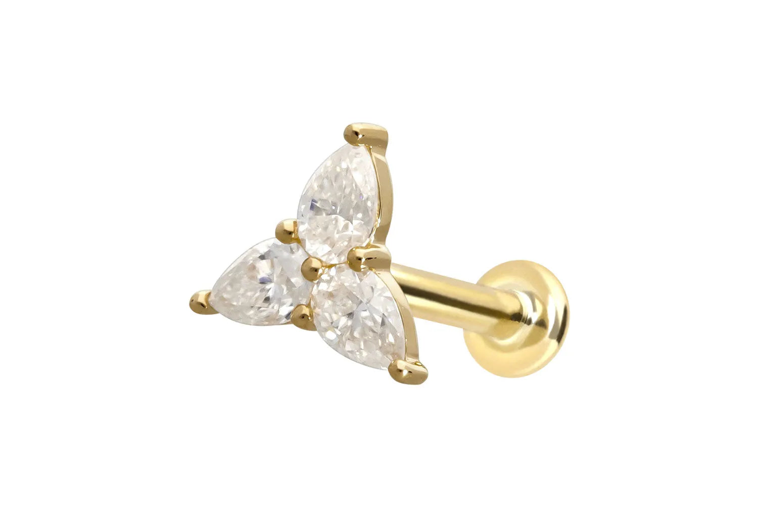 14k gold flat back earring with a moissanite flower
