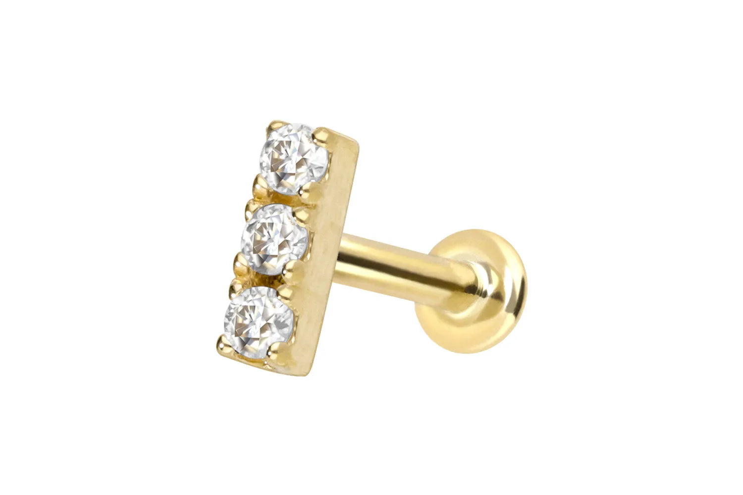 14k gold flat back earring with a dainty moissanite design