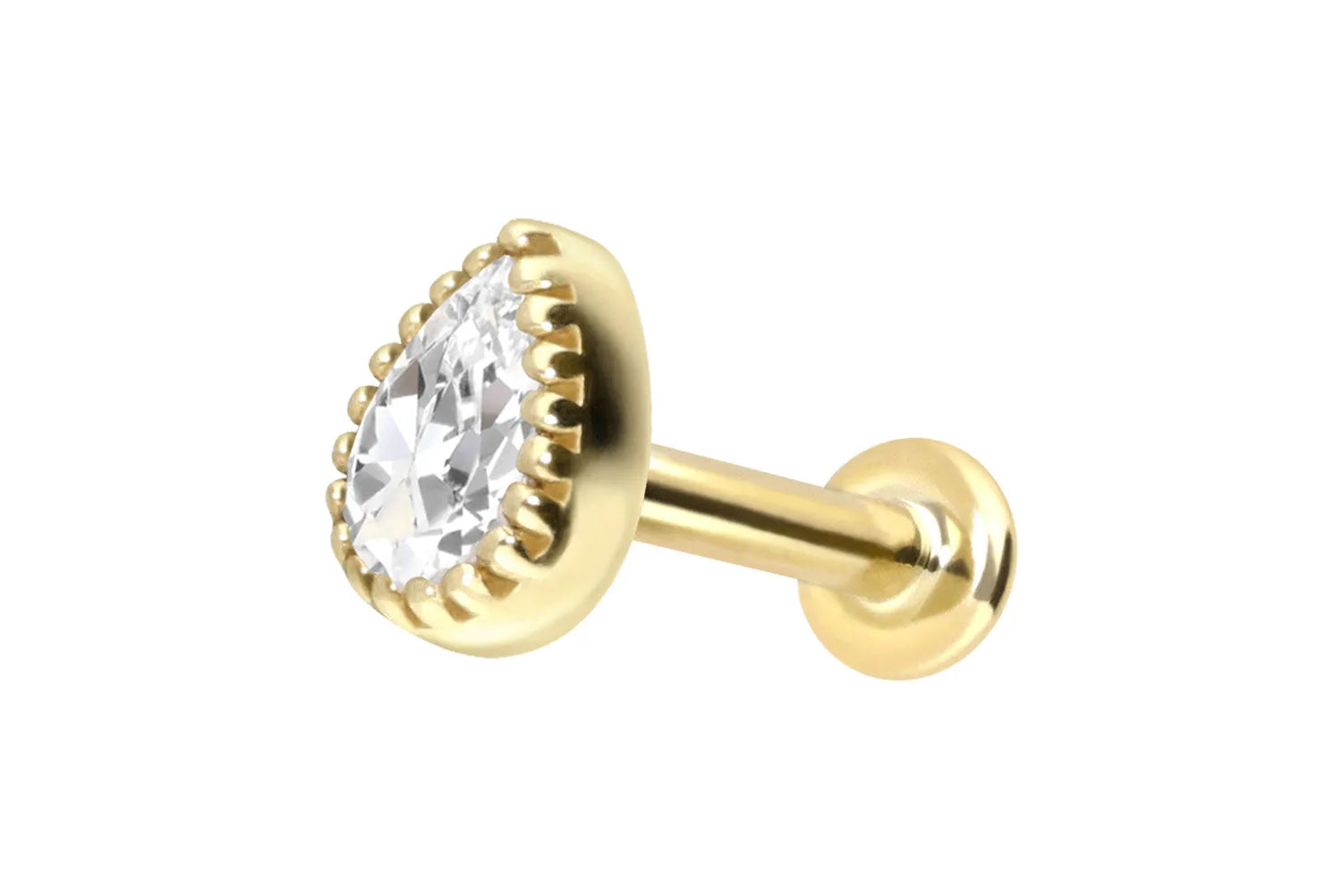 14k gold flat back stud featuring a moissanite teardrop