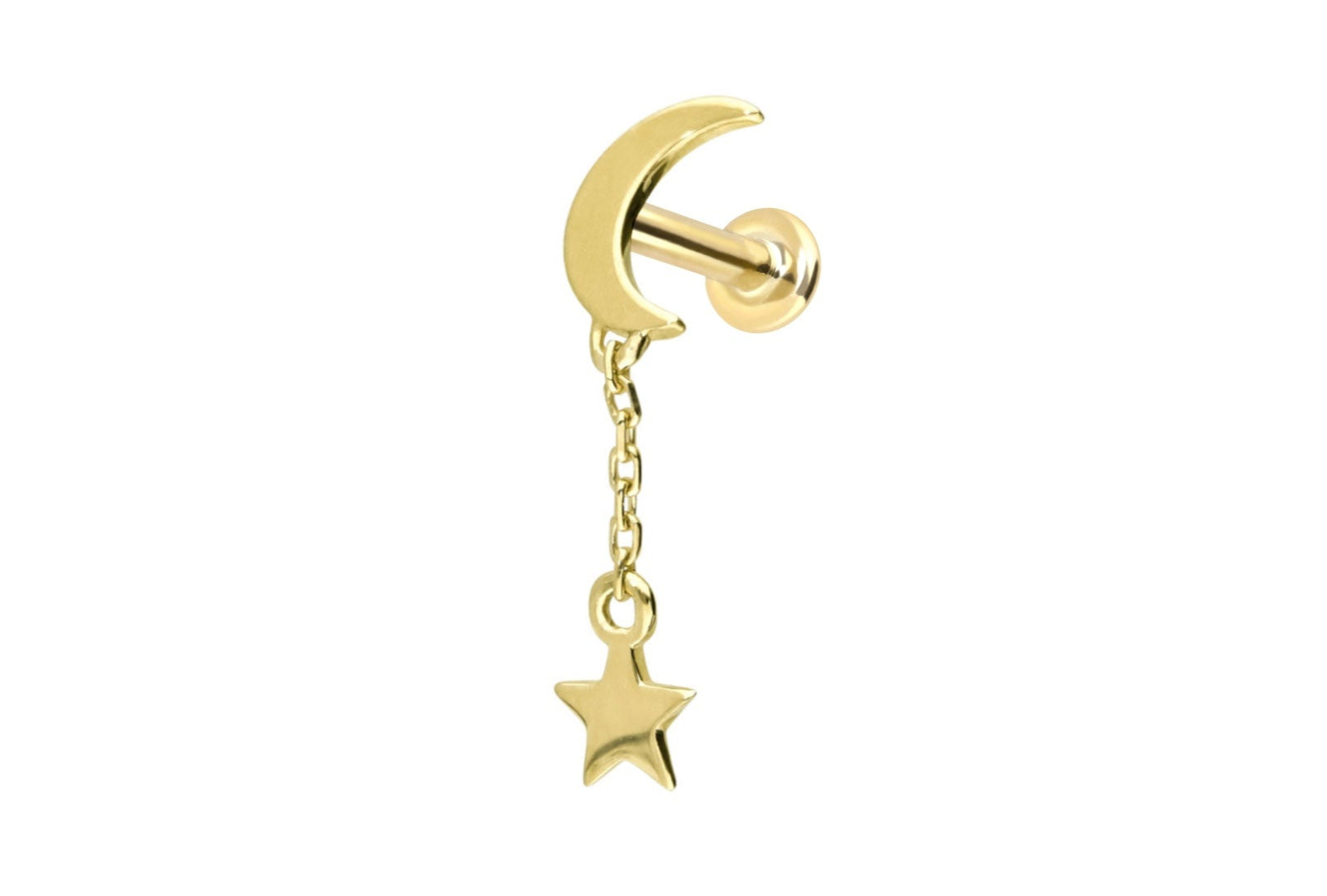 14k gold flat back earring with a moon and dangle star design