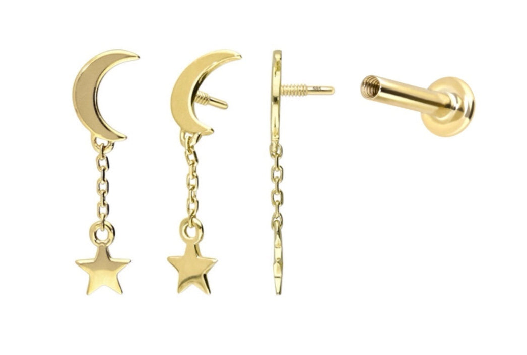 14k gold flat back earring with a moon and dangling star design