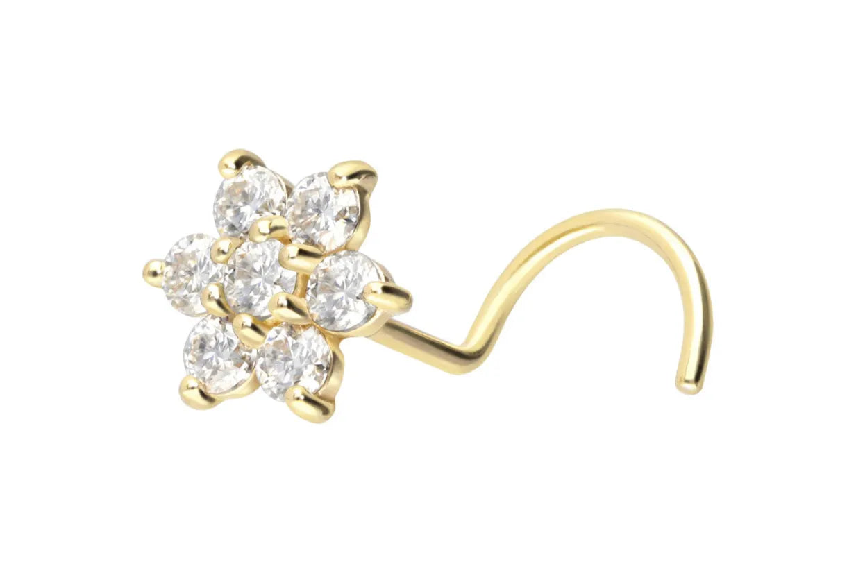 18K Gold Nose Stud Ring Corkscrew - Sparkly Flower