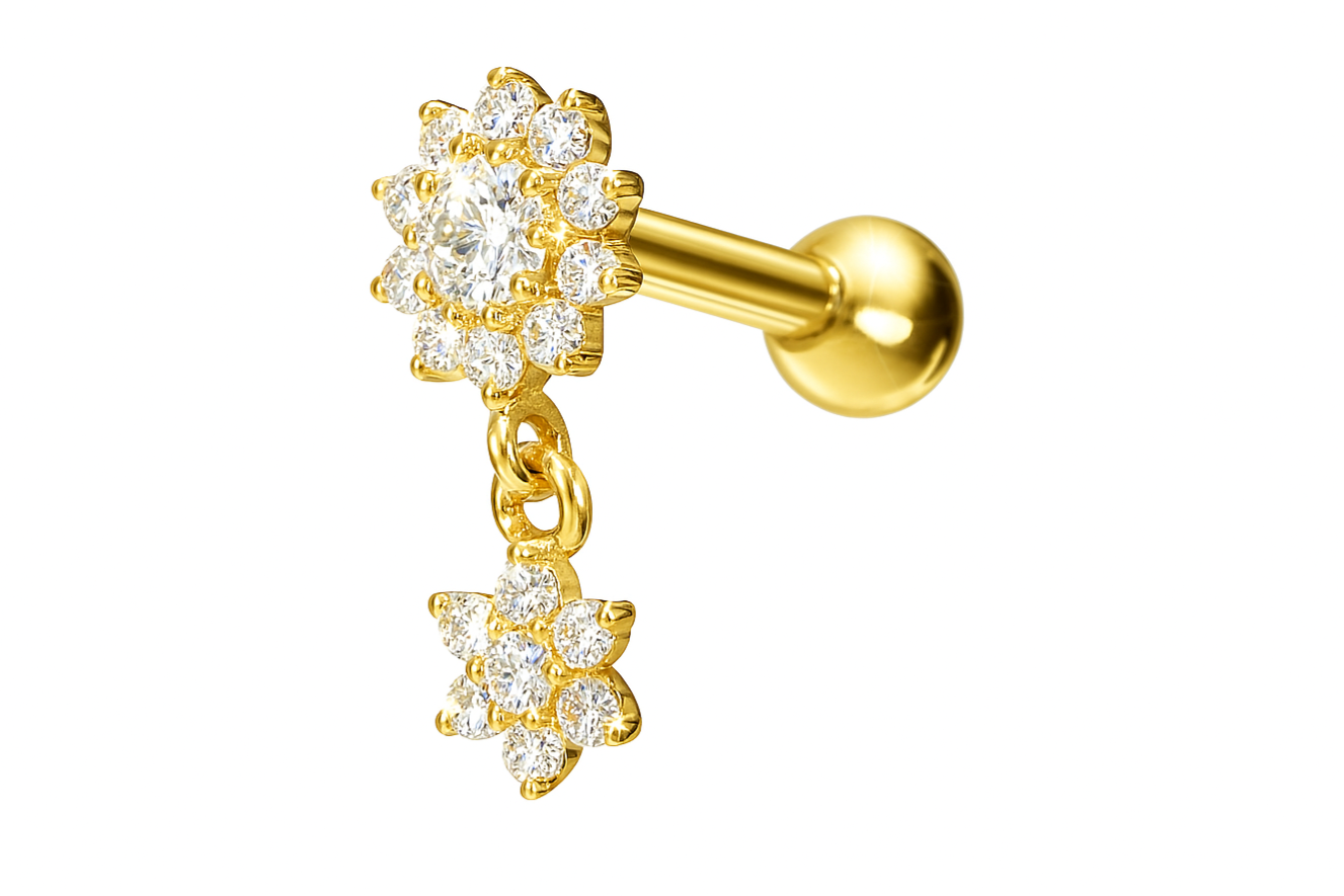 real gold helix earring featuring a dangle moissanite flower