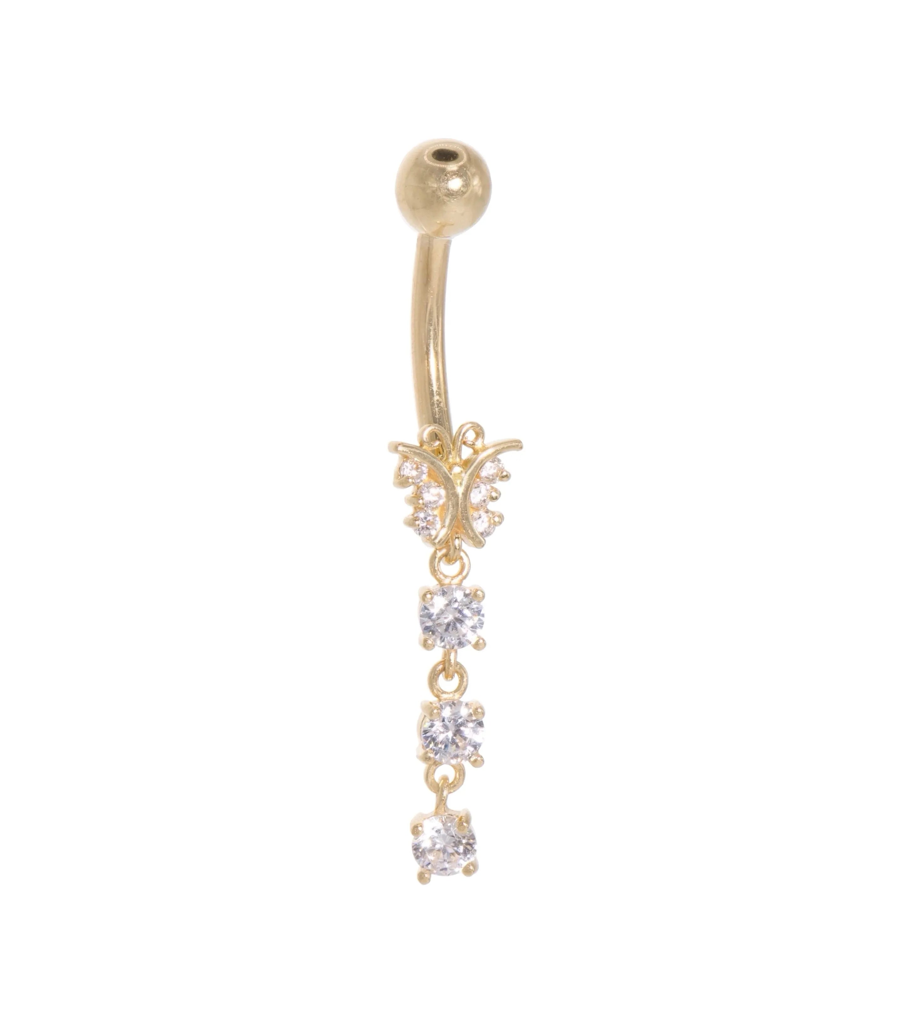 18k gold belly button ring featuring a dainty butterfly and dangly crystals