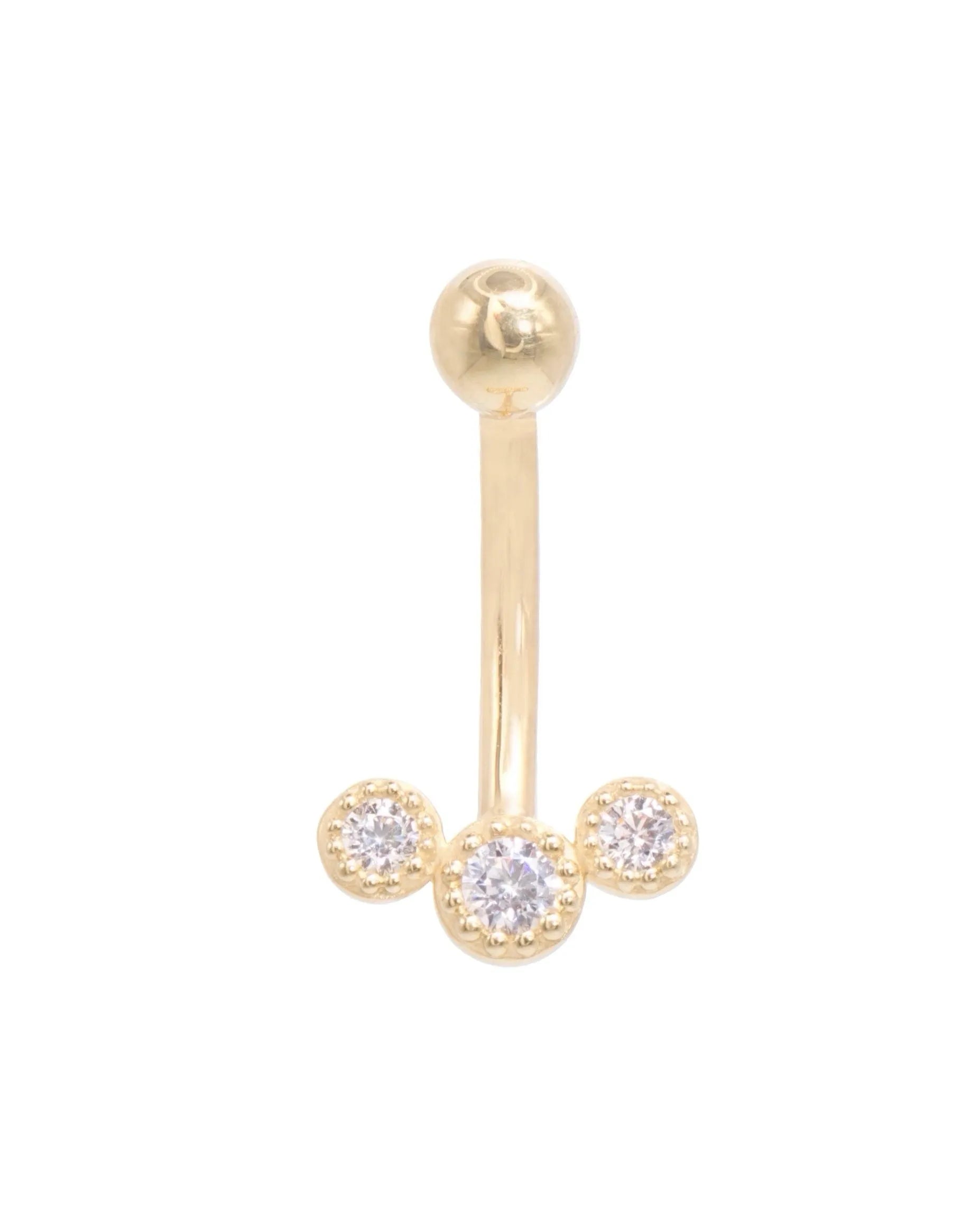 18k gold belly button ring featuring a dainty crystal arch