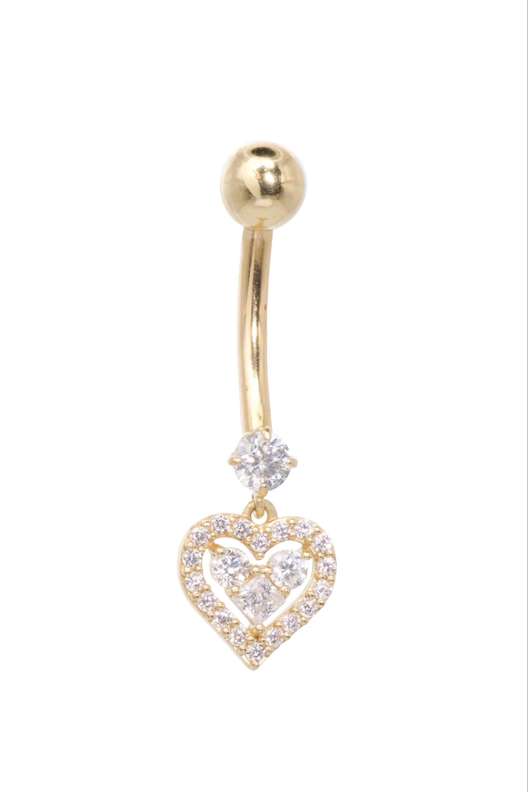 18k gold belly button ring featuring a dangling crystal heart