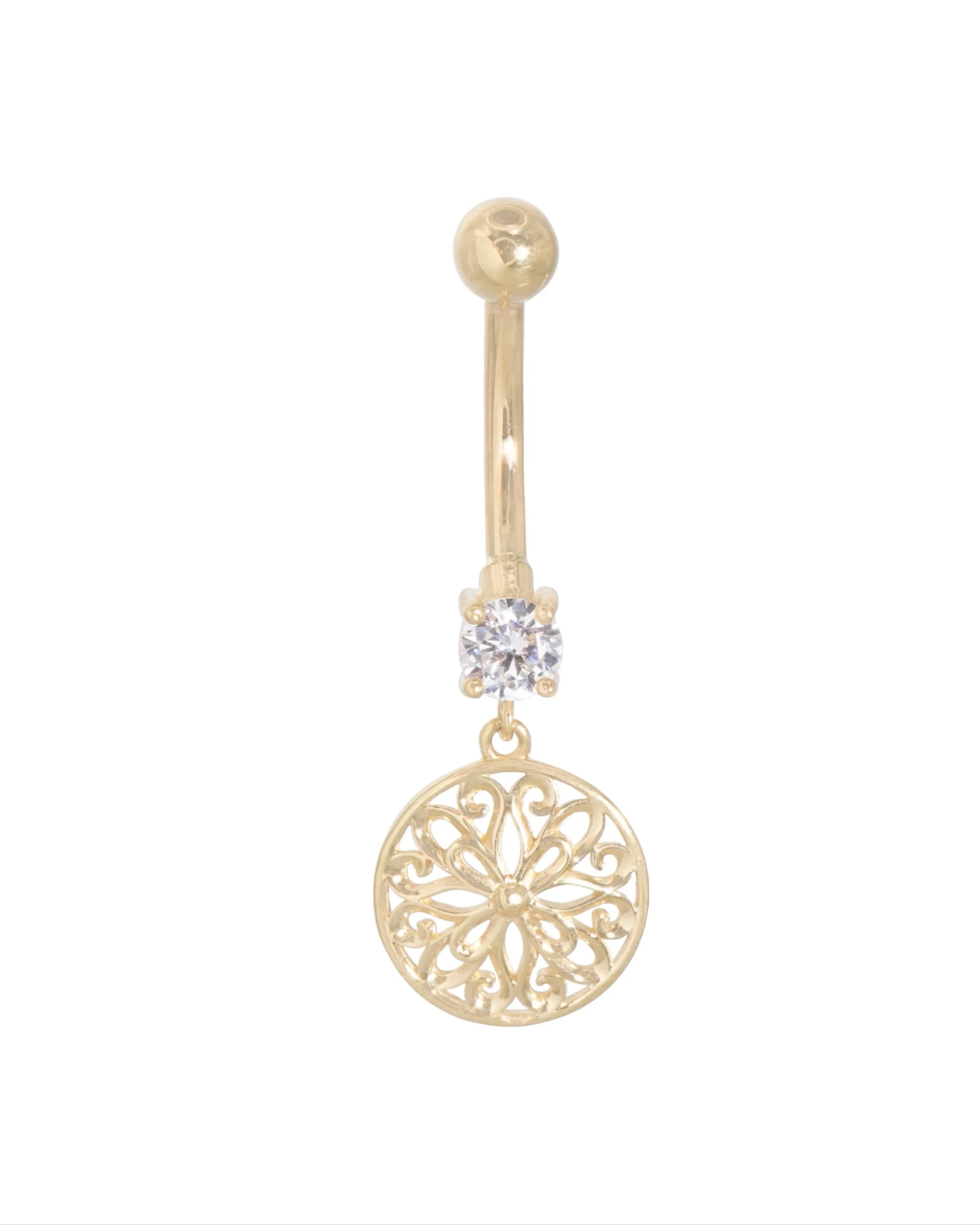 18k gold belly button ring featuring a dangling mandala design