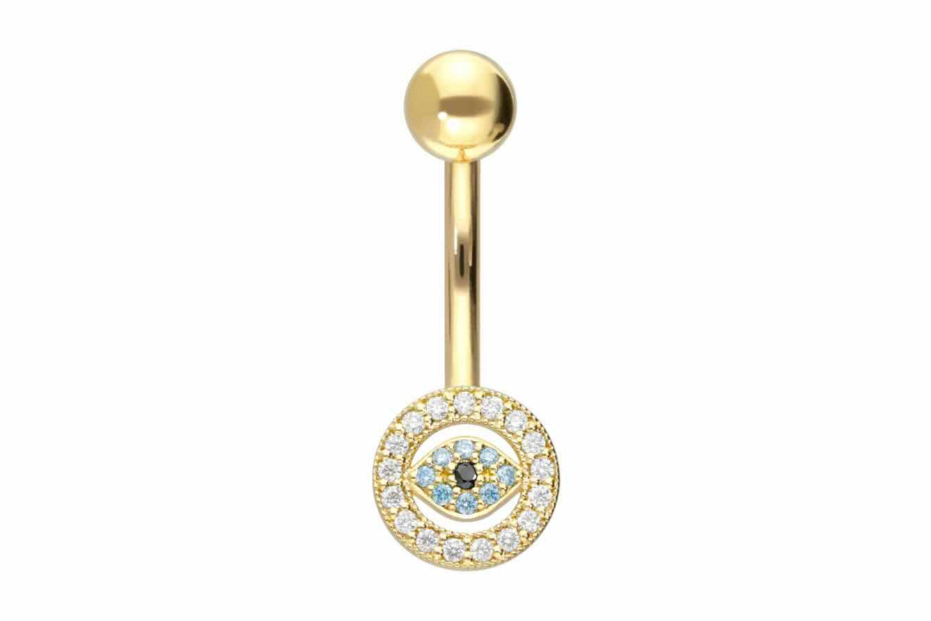 18k gold belly ring featuring a dainty moissanite evil eye