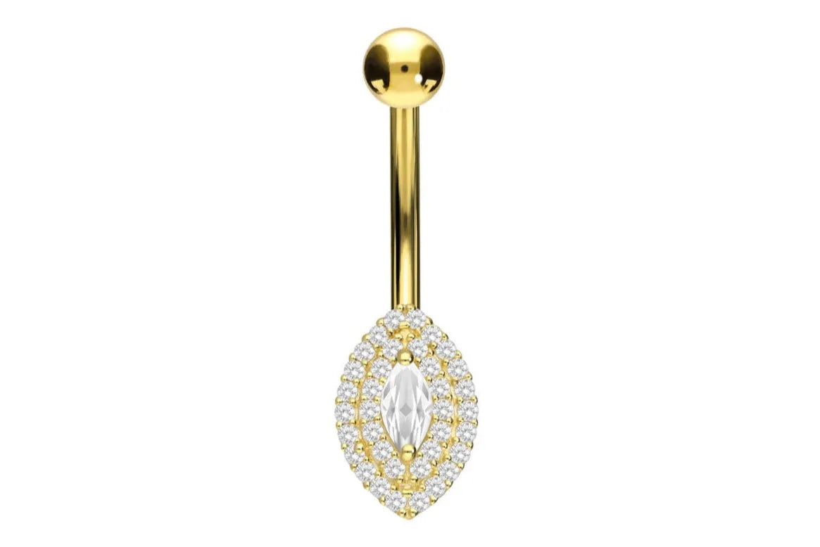 18k gold belly button ring featuring a multi crystal marquis design
