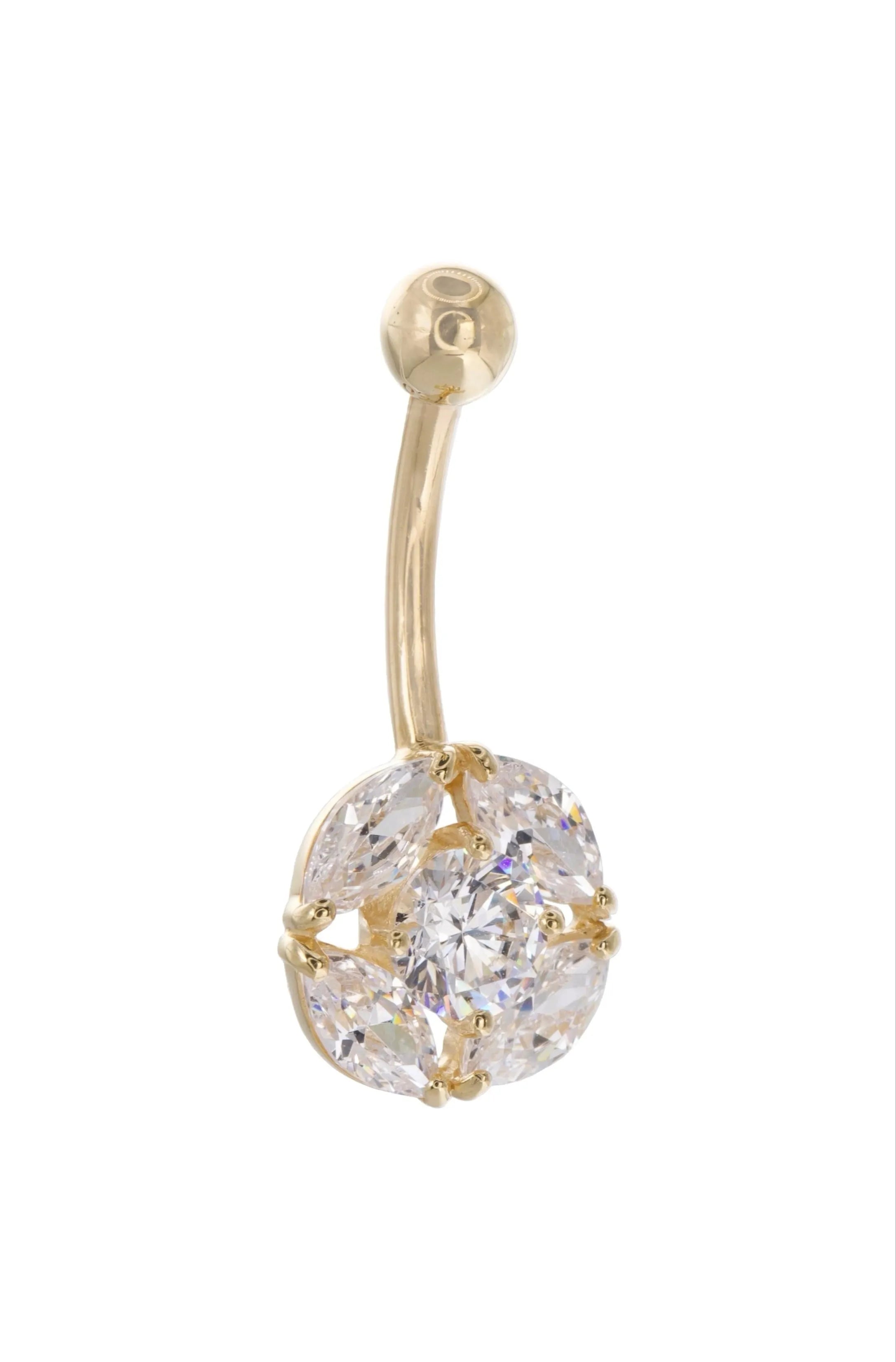 18k gold belly button ring featuring a round multi crystal design