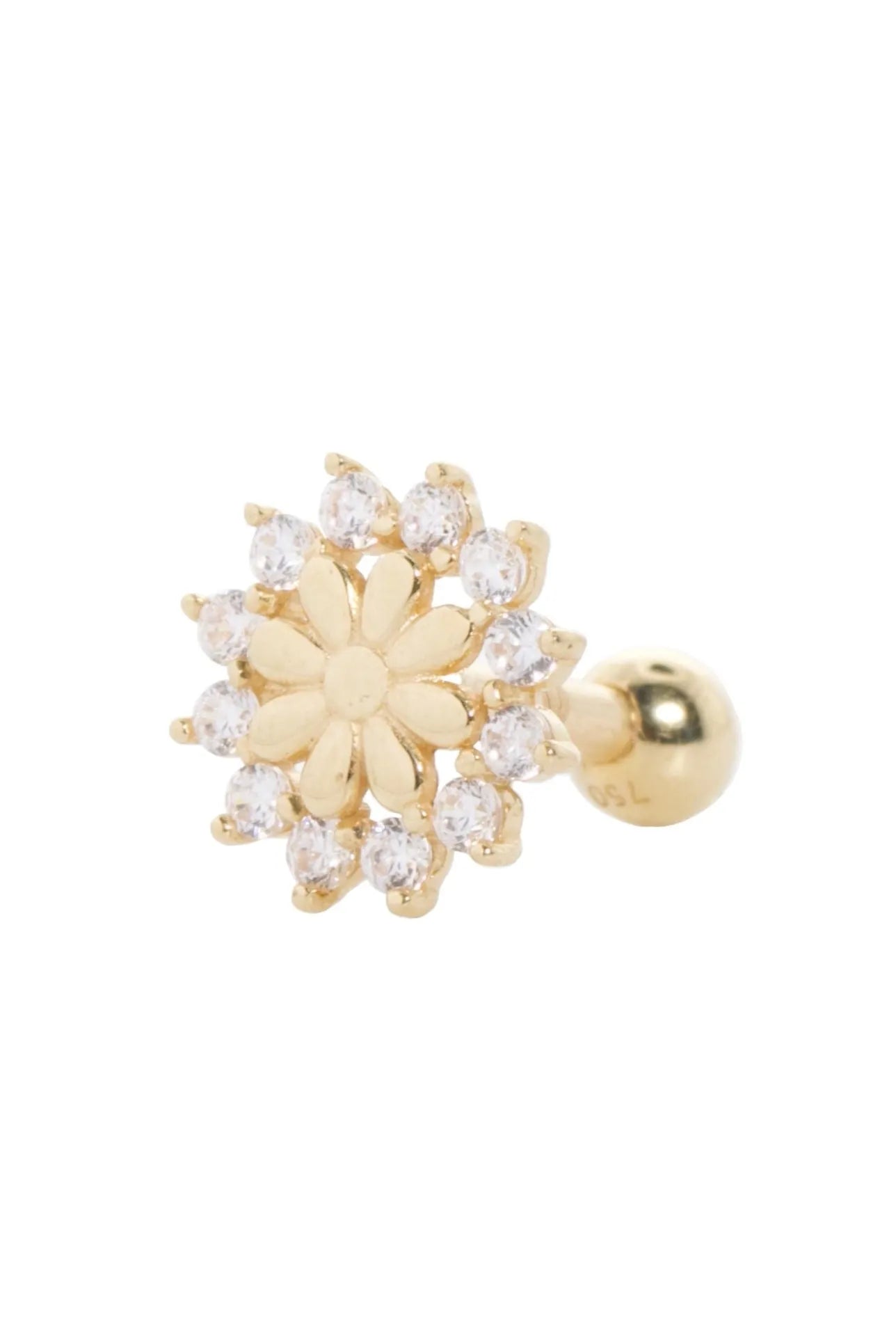 18k gold ear piercing stud featuring an extravagant crystal flower