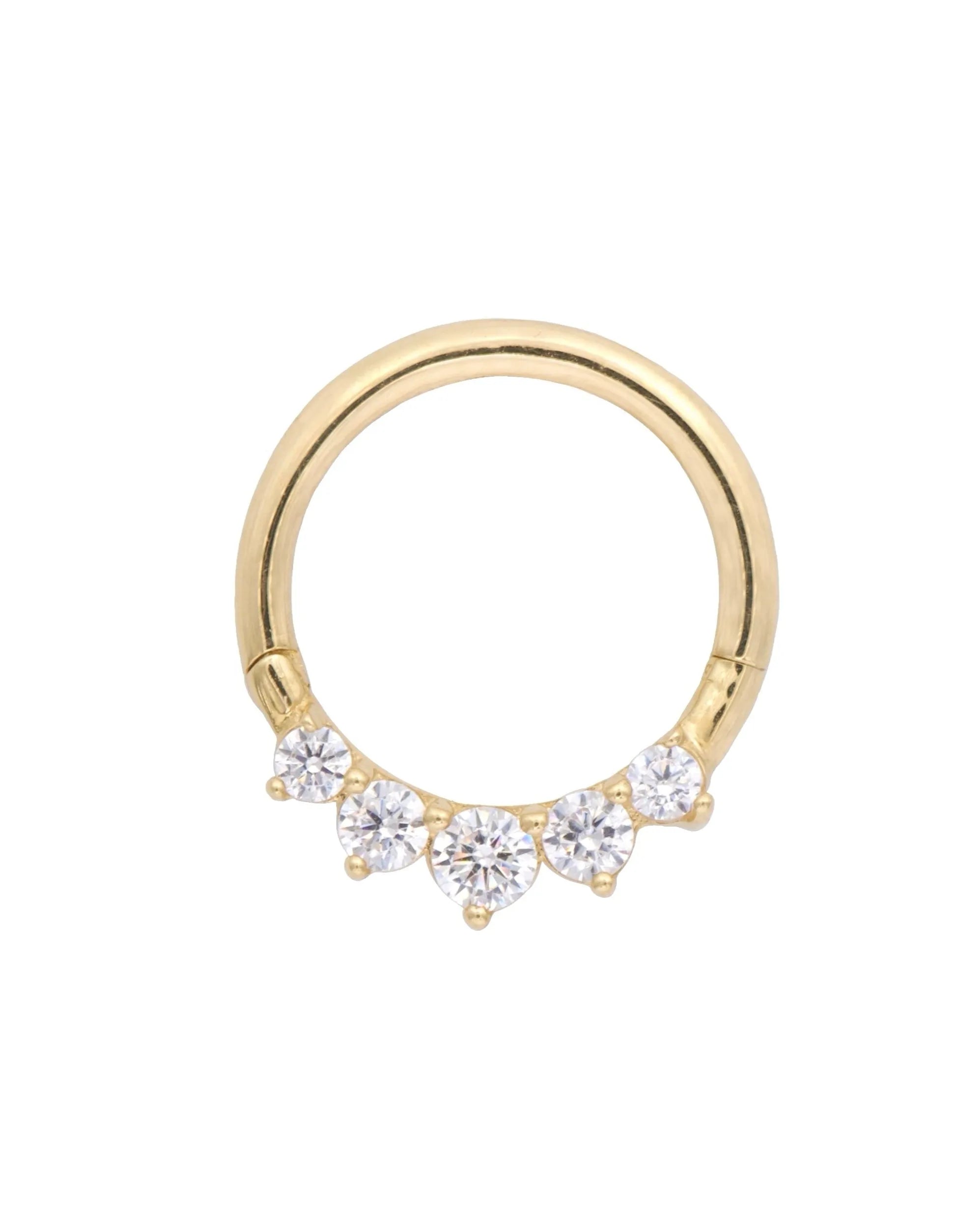 18 karat gold piercing hoop featuring 5 dainty crystals
