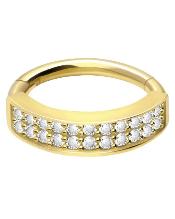 18k gold piercing hoop featuring a double crystal row