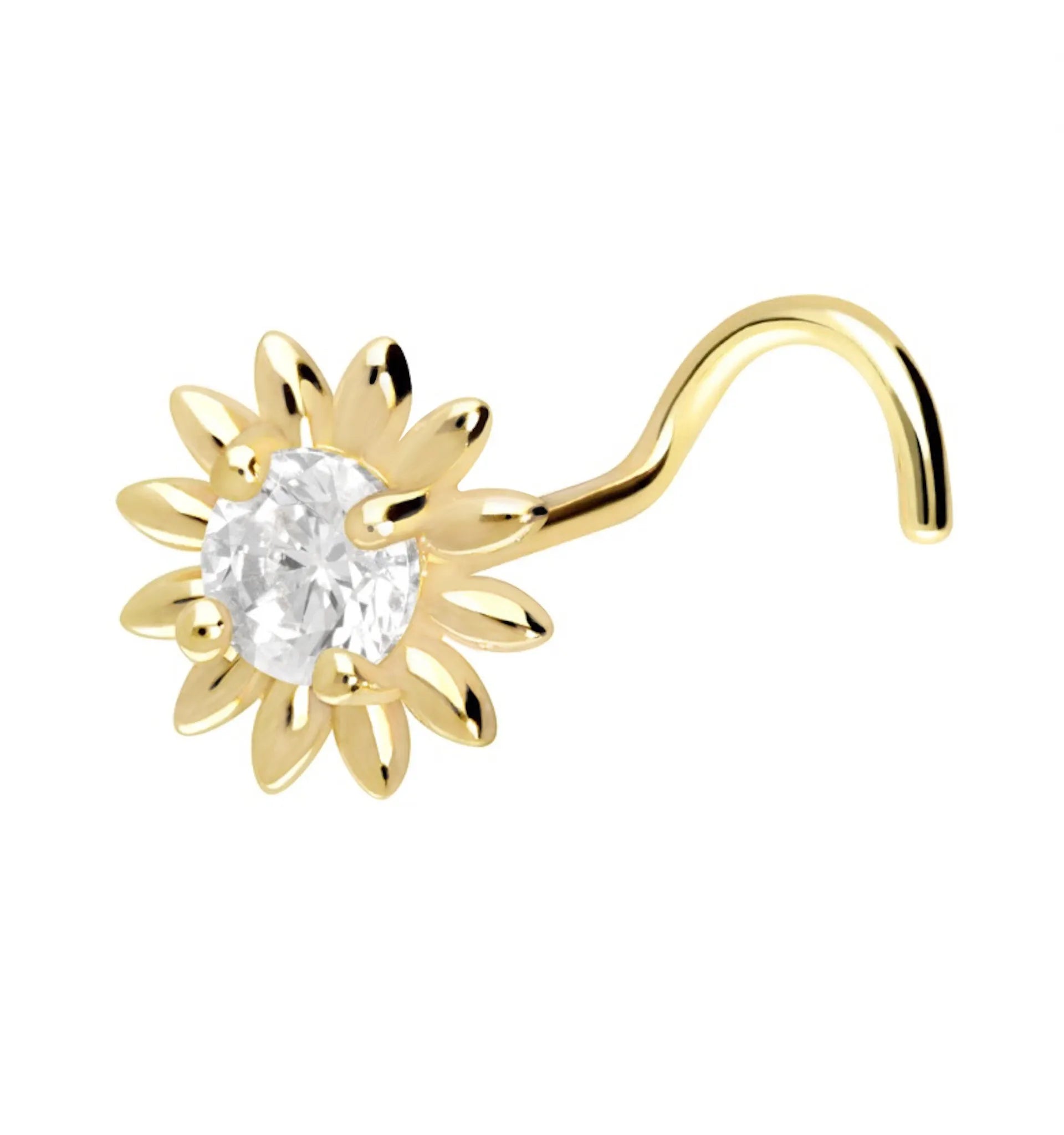 18k gold nose ring featuring a sun with a crystal in the center