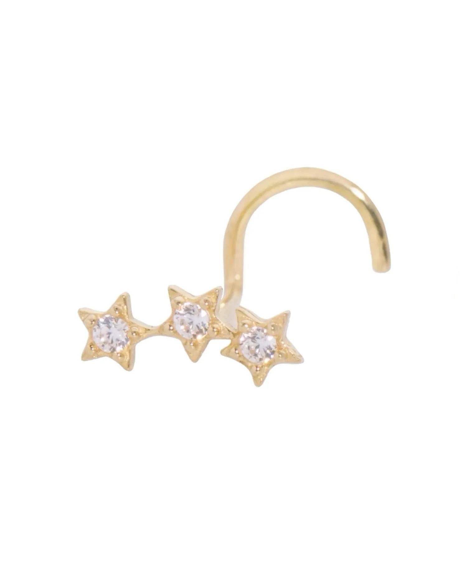 18k gold nose ring featuring 3 connected crystal stars forming a curve