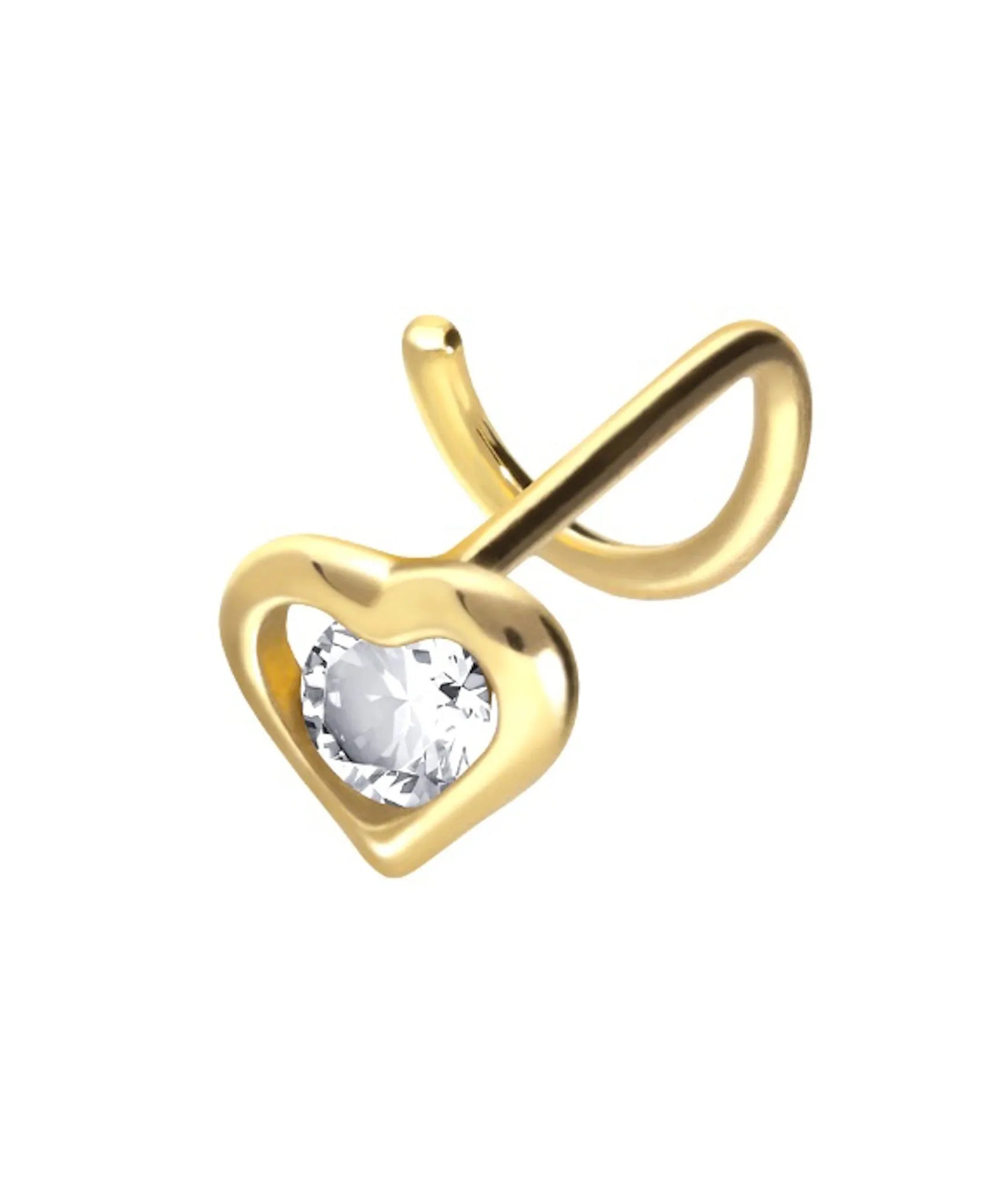 18k gold nose ring featuring a heart with a crystal in the center