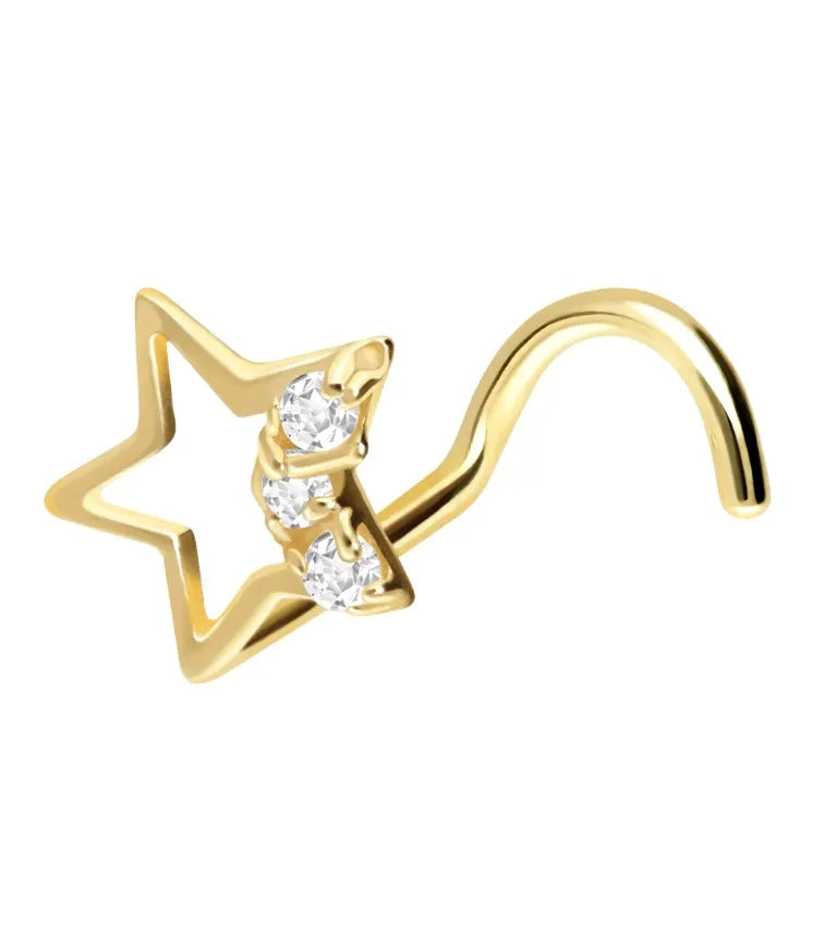 18k gold nose ring featuring an unique star with 3 crystals