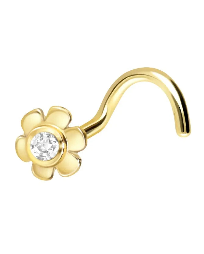 18k gold nose ring featuring a dainty flower with a crystal in the center