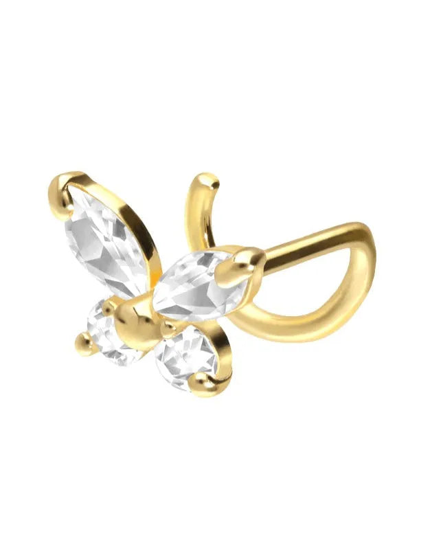 18k gold nose ring featuring a crystal butterfly