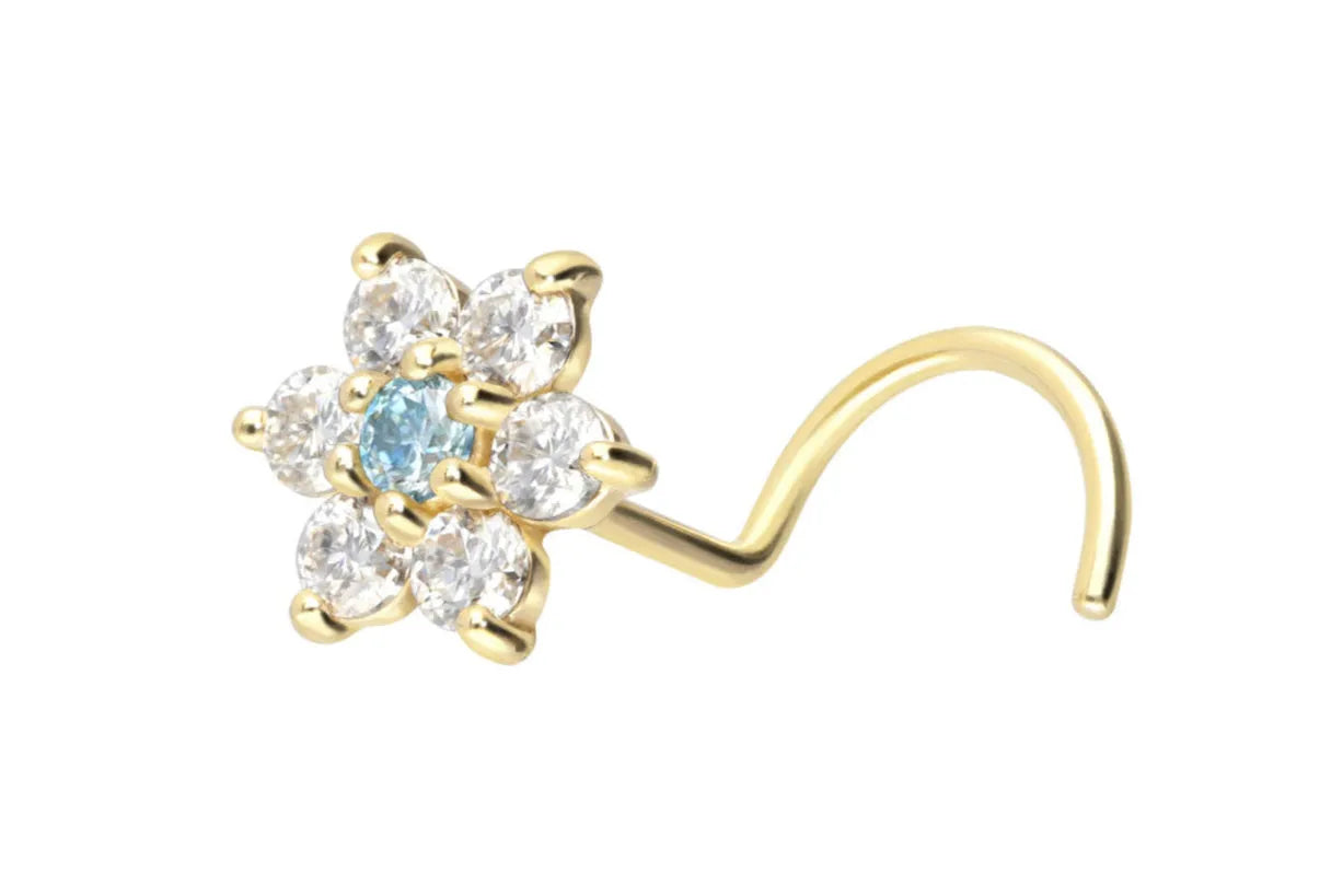 18K Gold Nose Stud Ring Corkscrew - Sparkly Flower
