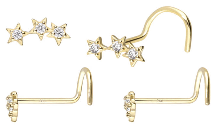 18K Gold Nose Ring Corkscrew - Cute Crystal Stars