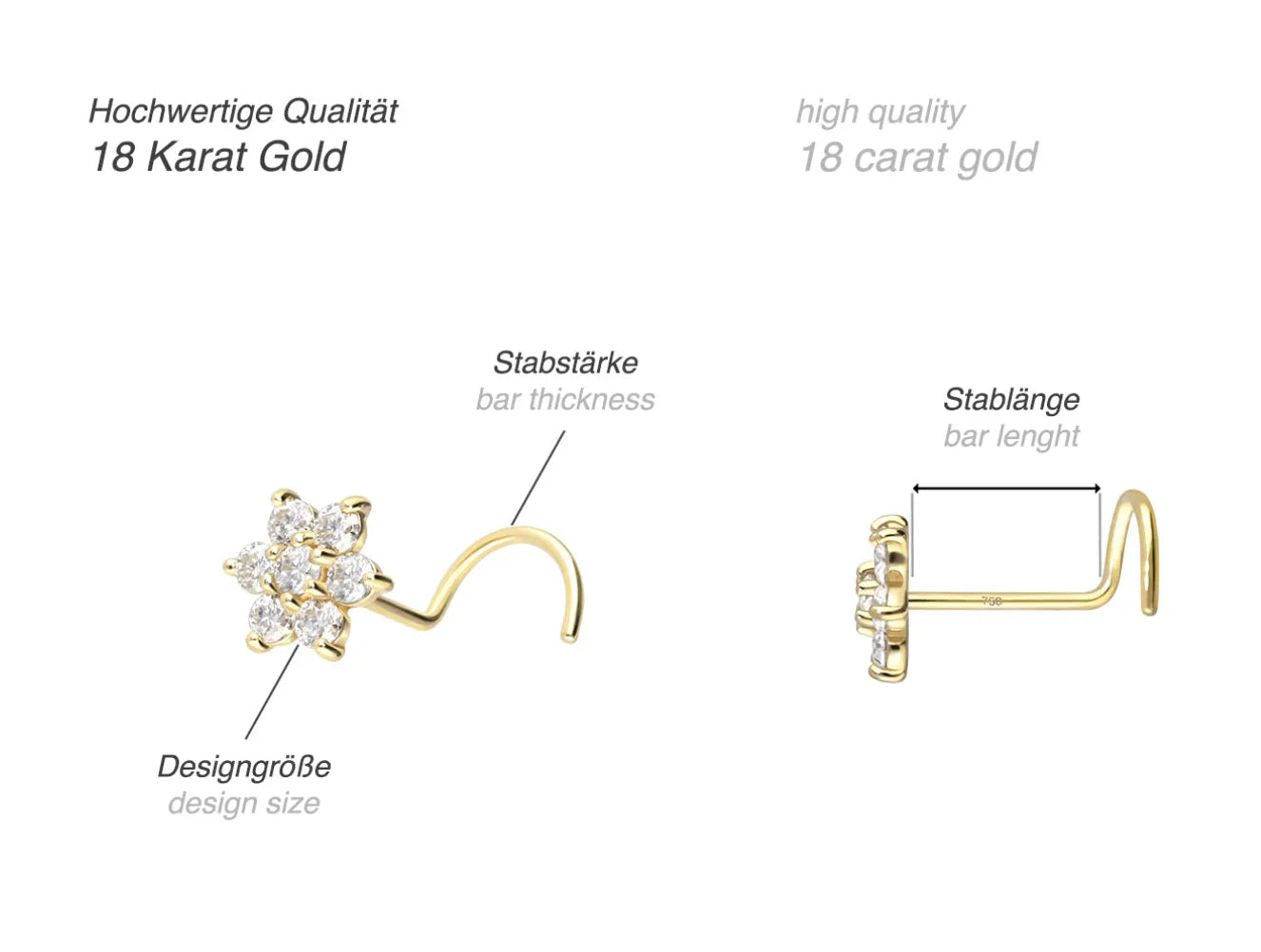 18K Gold Nose Stud Ring Corkscrew - Sparkly Flower