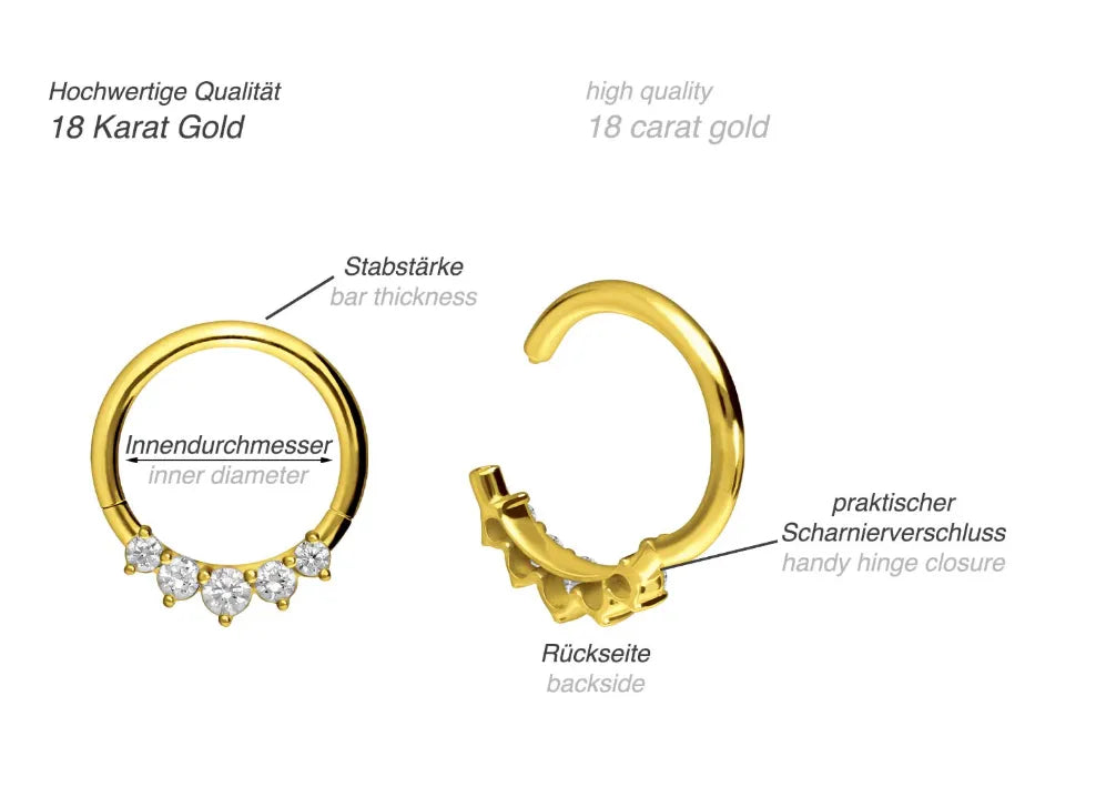 18 Karat Gold Clicker Piercing Hoop - Cute Pointed Crystals