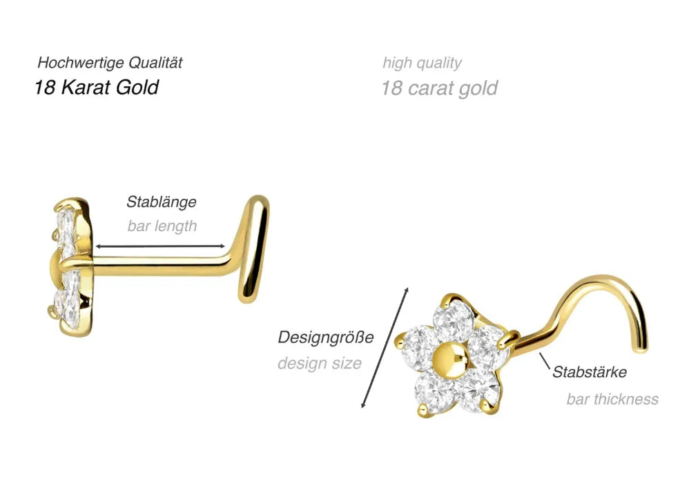 18K Gold Nose Ring Corkscrew - Elegant Flower