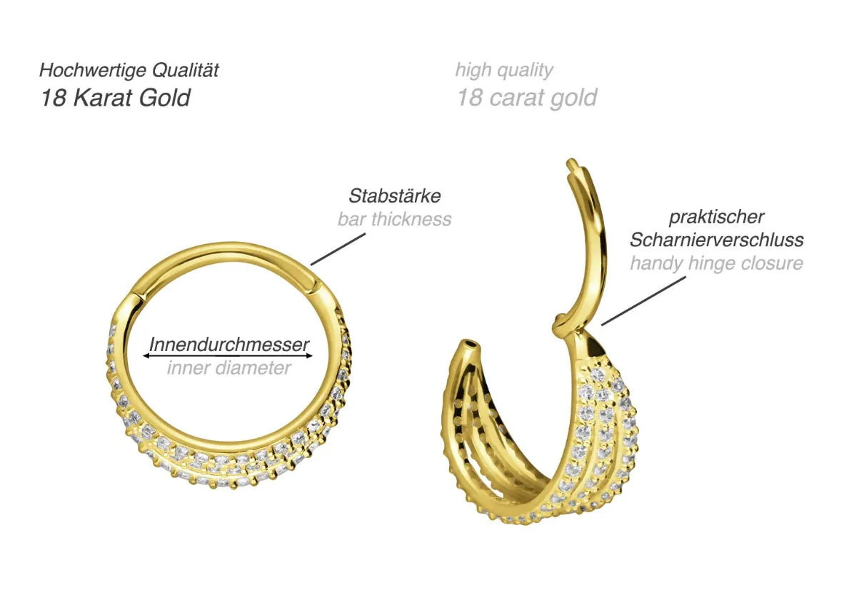 18 Karat Gold Clicker Piercing Hoop - 3 Crystal Rings