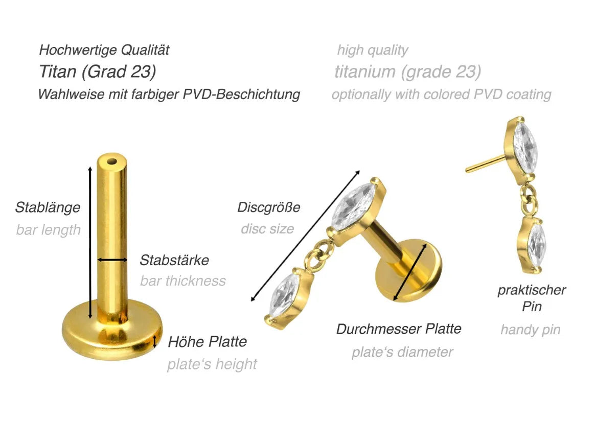 Titanium Push Pin Flat Back Stud - 2 Crystal Drops