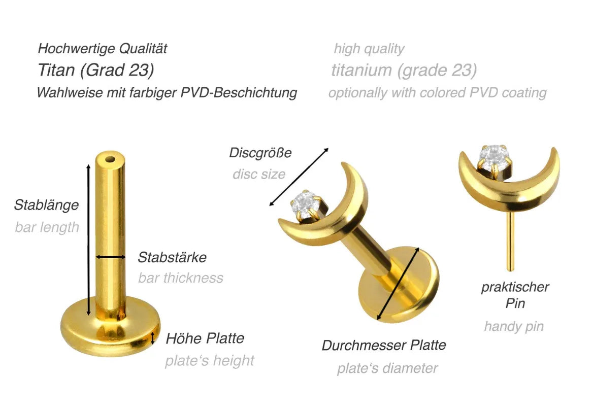 Titanium Push Pin Flat Back Stud - Cute Sparkle Moon