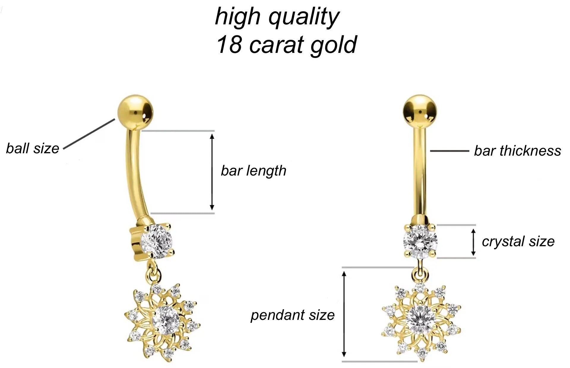 18K Gold Belly Button Ring - Sparkly Snowflake