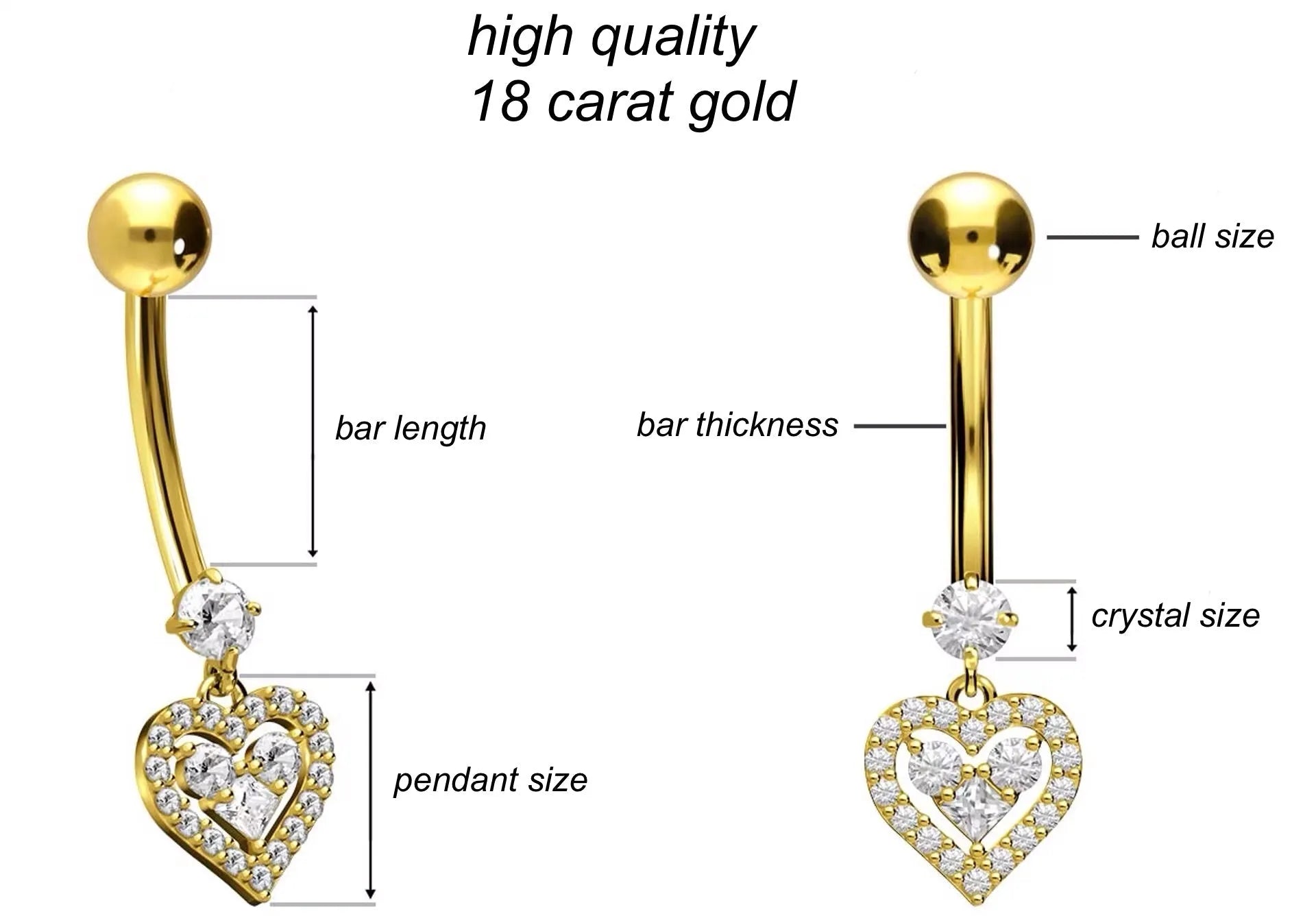18K Gold Belly Button Ring - Dangling Sparkly Heart