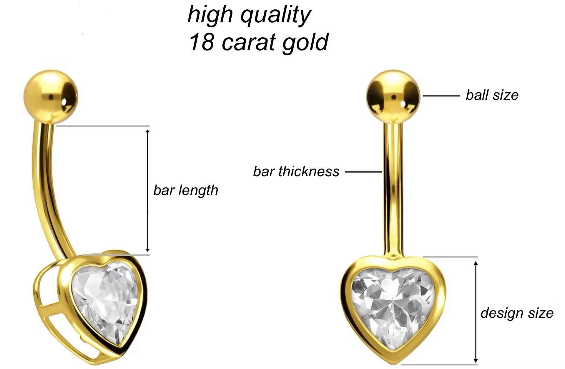 18K Gold Belly Button Ring - Shiny Crystal Heart