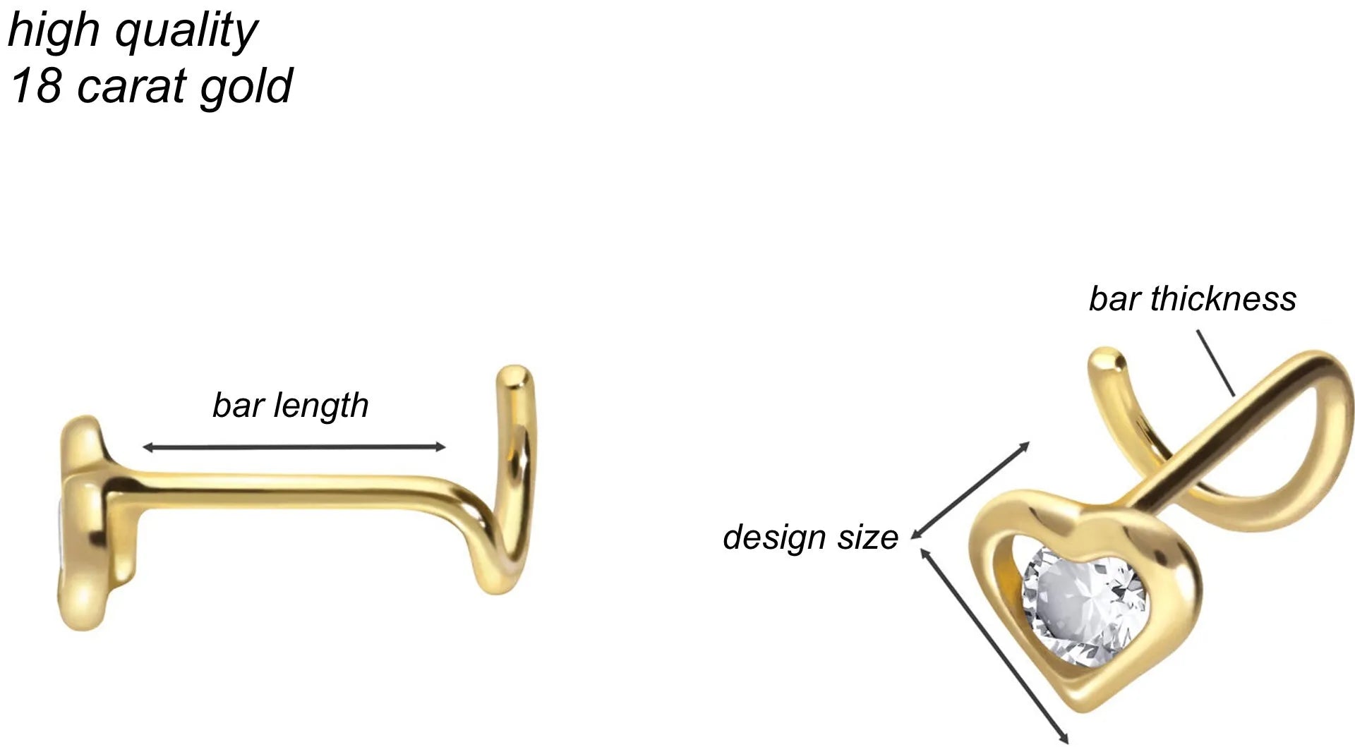 18k gold nose ring featuring a heart with a crystal in the center