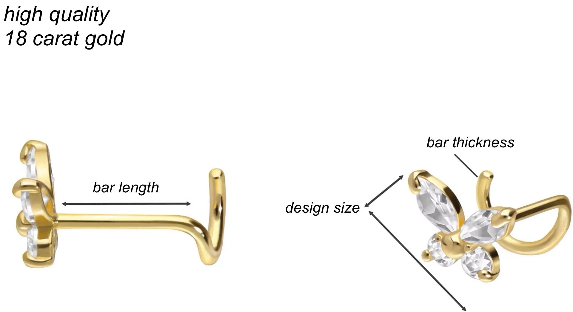 18K Gold Nose Ring Corkscrew - Sparkly Butterfly