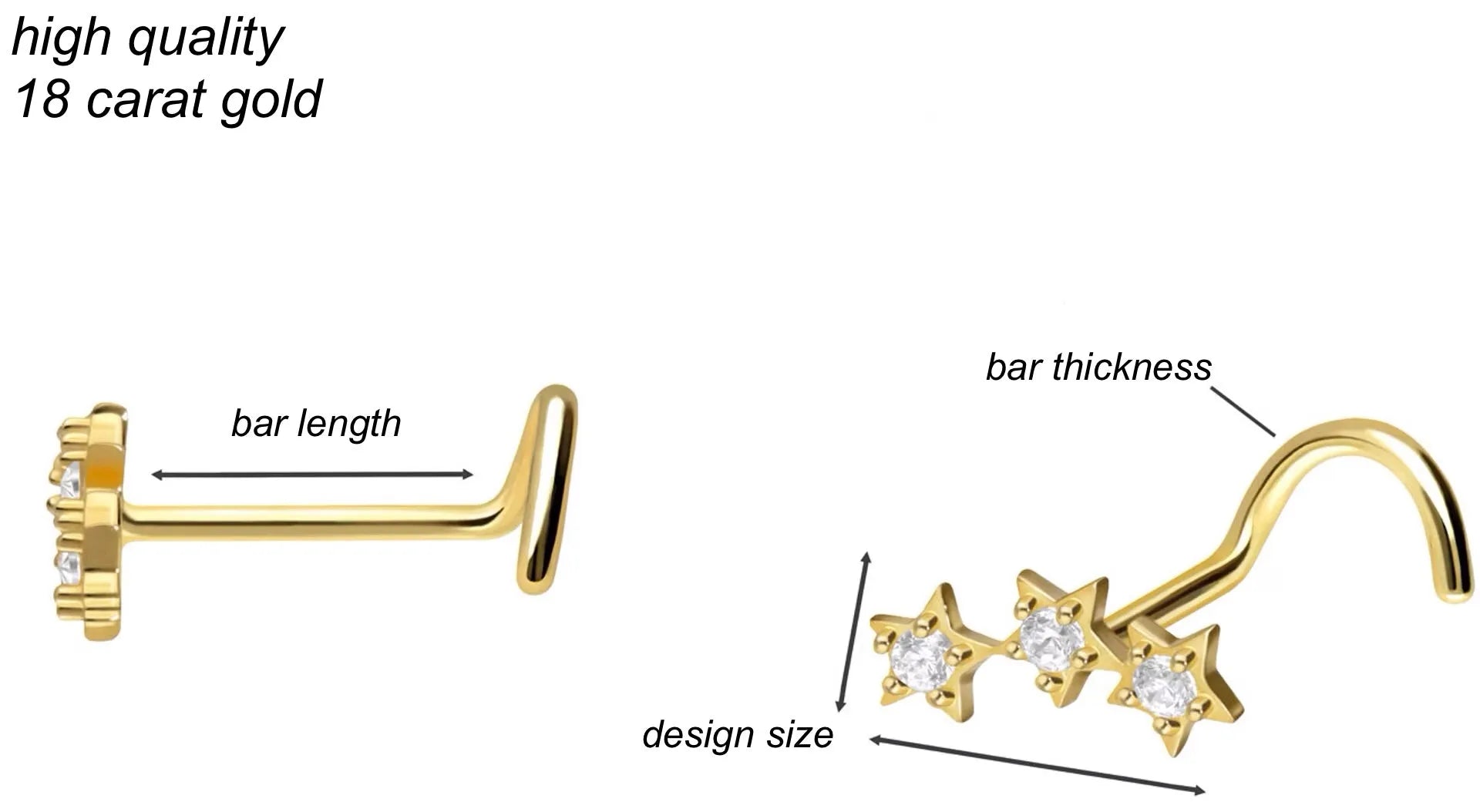 18K Gold Nose Ring Corkscrew - Cute Crystal Stars