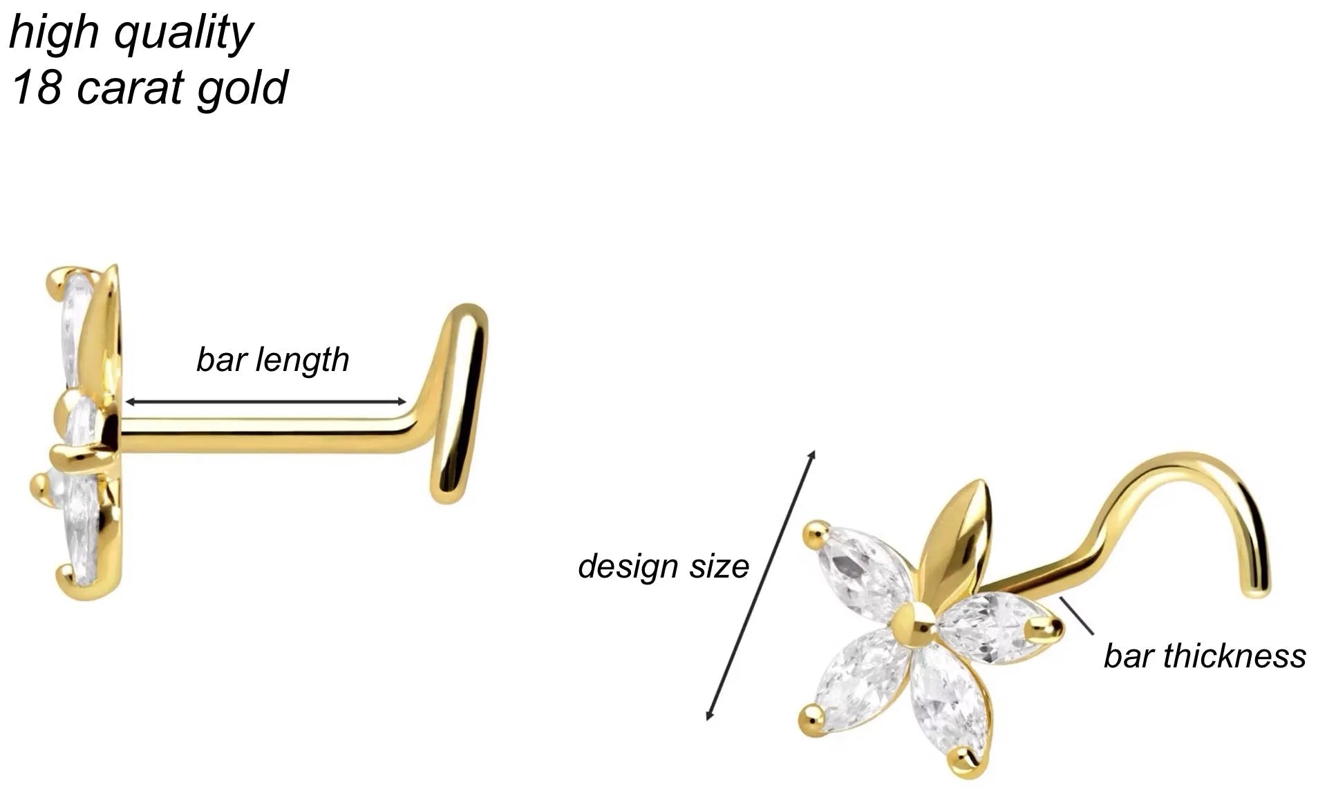 18K Gold Nose Ring Corkscrew - Sparkly Petals