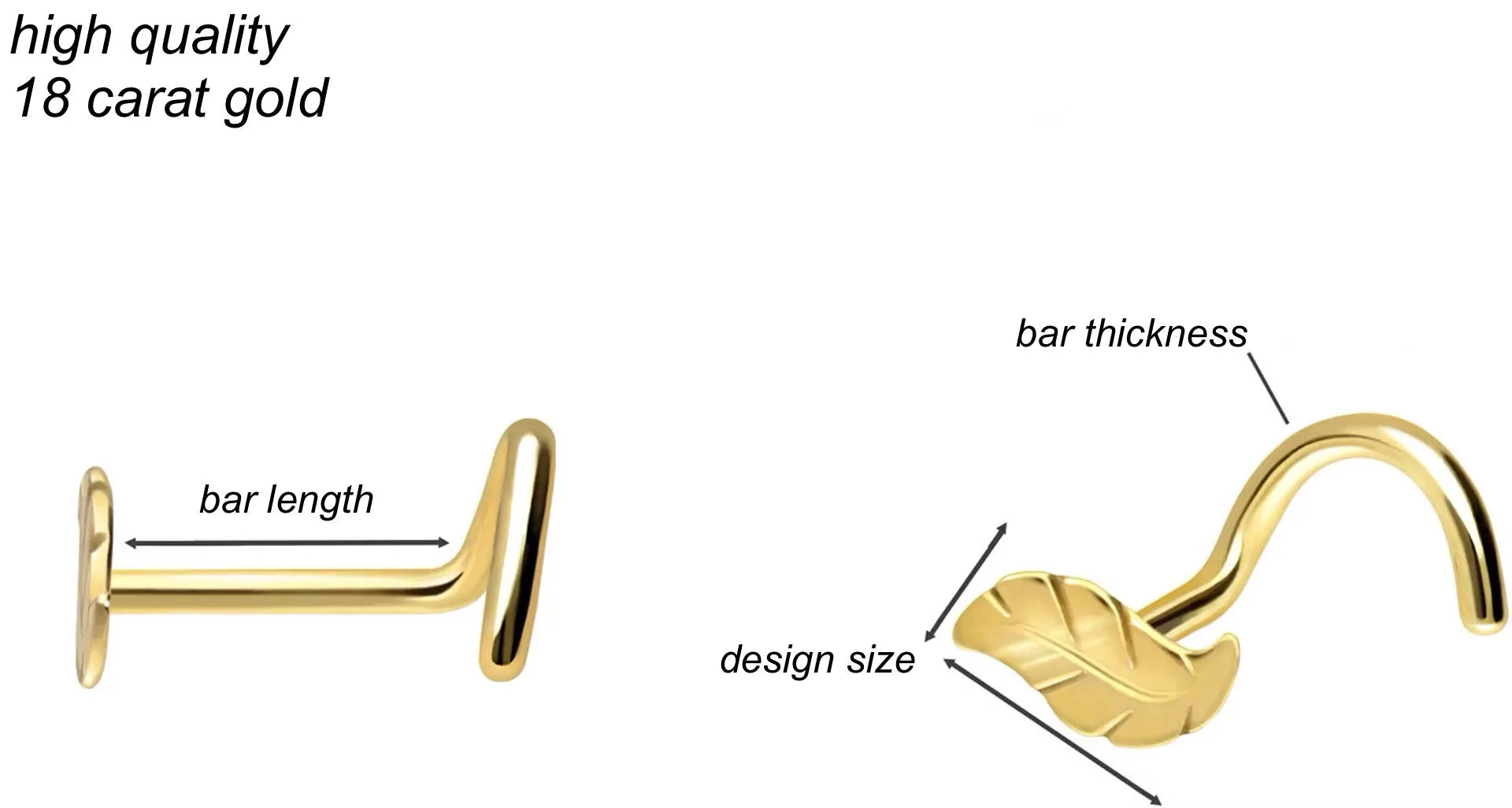 18K Gold Nose Ring Corkscrew - Dainty Shiny Leaf