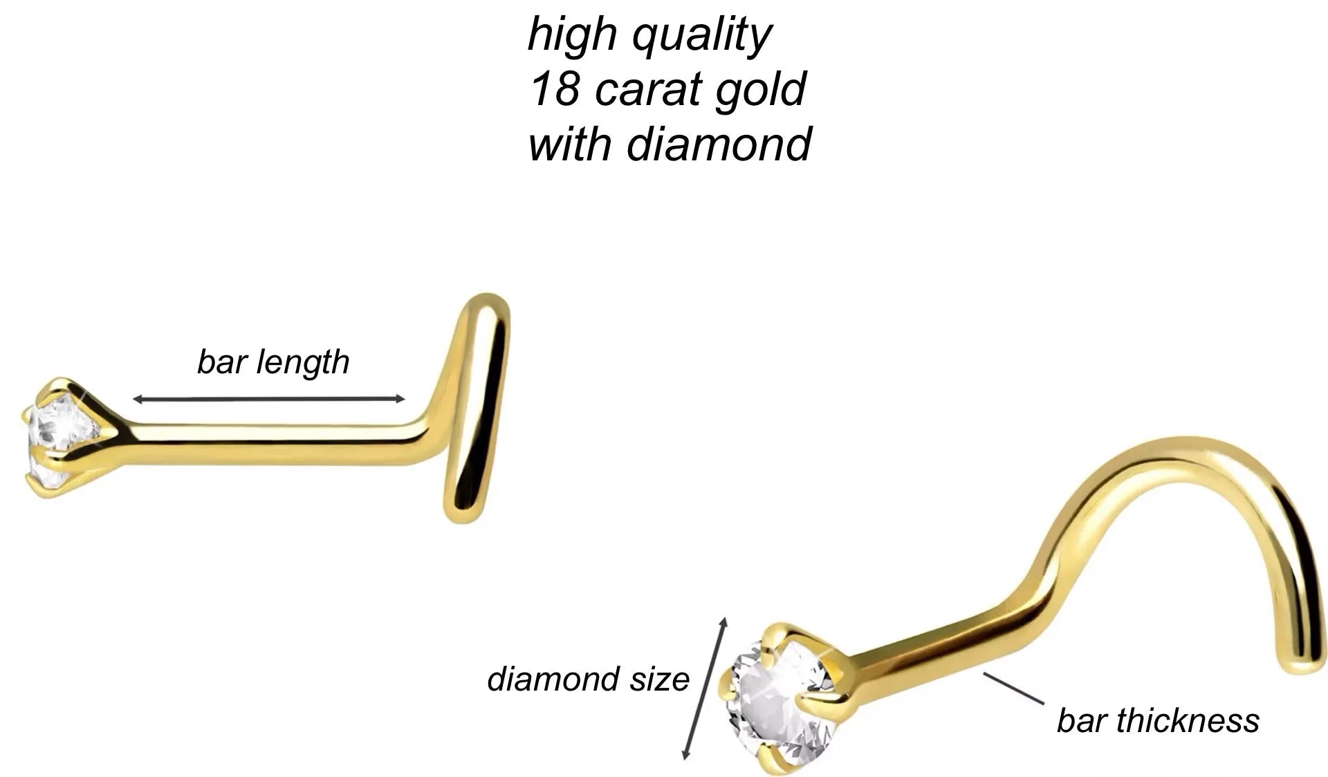 18K Gold Nose Ring Corkscrew - Flat Mini Crystal