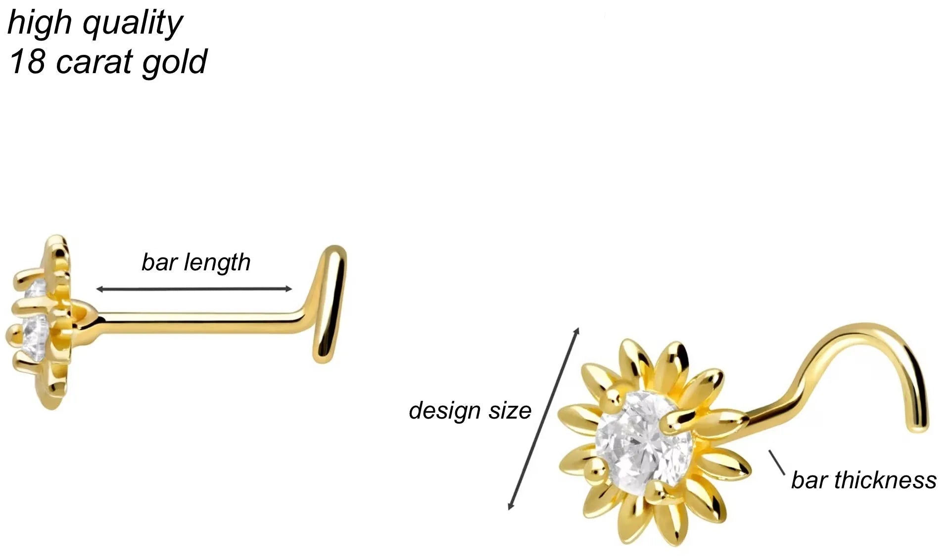 18K Gold Nose Ring Corkscrew - Beautiful Sun