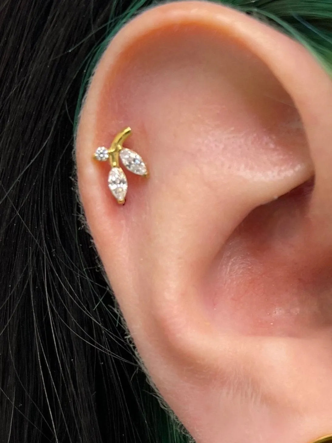 silver flat back earring for helix & tragus with a dainty crystal branch