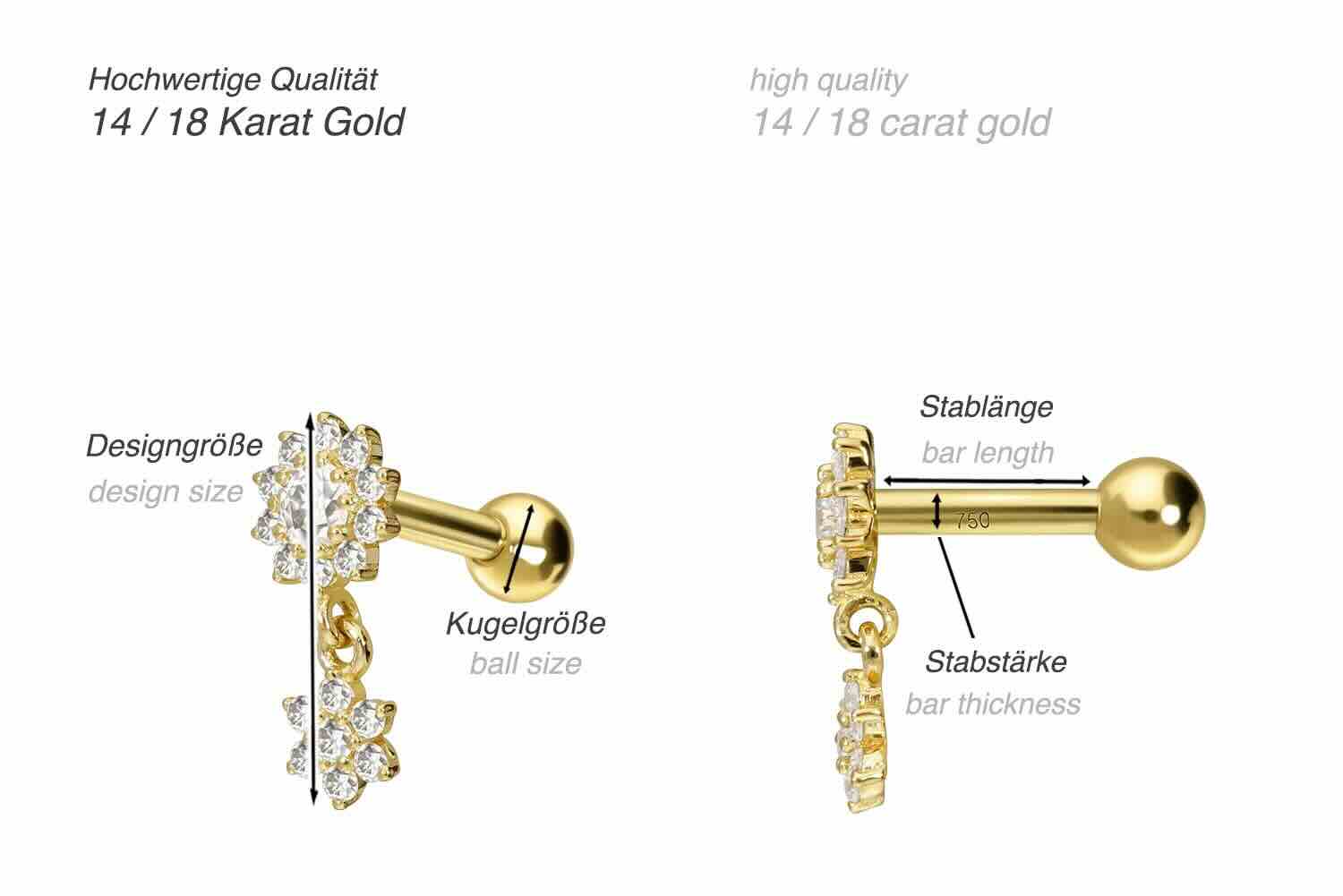 18 karat Gold Barbell Earring - Dangle Moissanite Flower